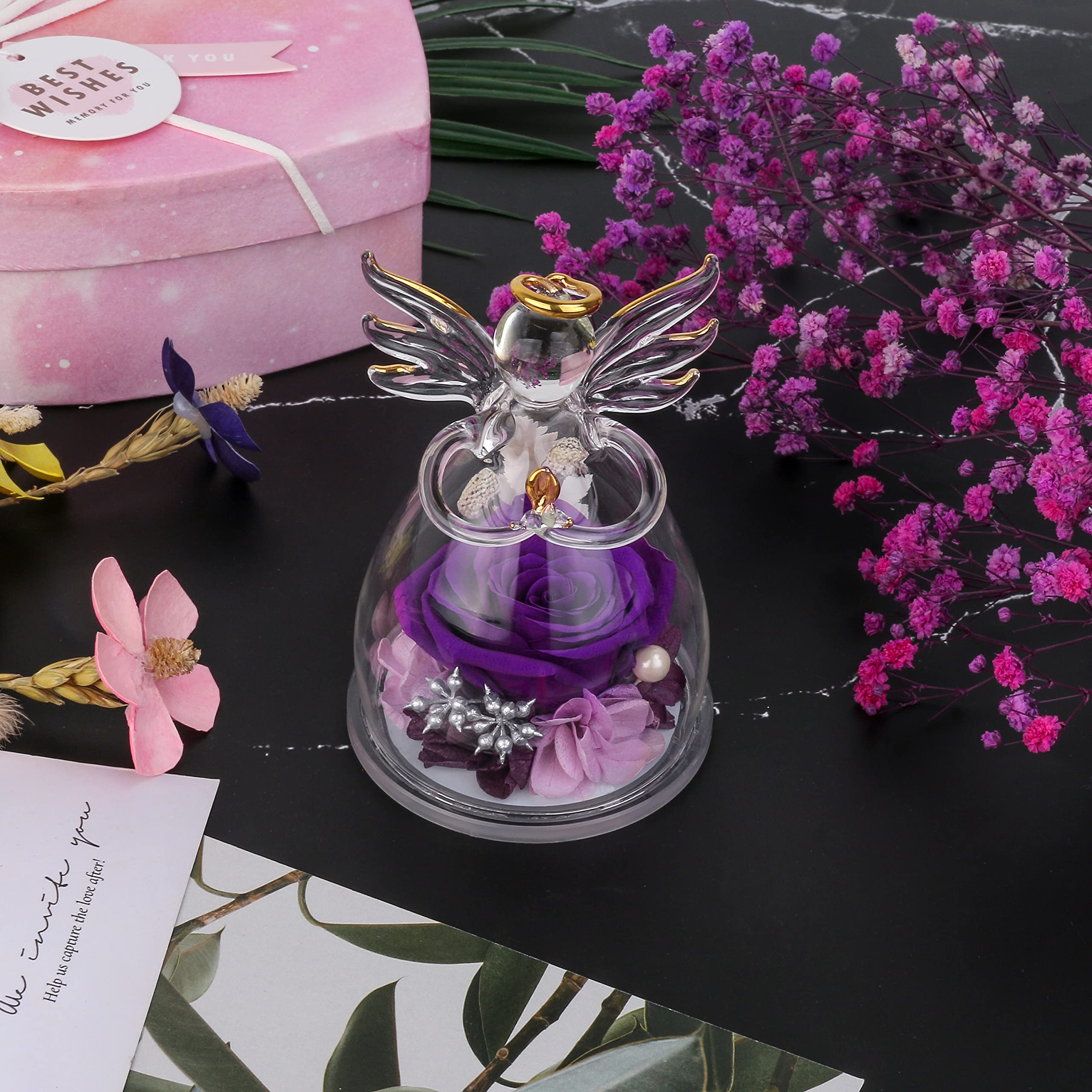 Preserved Purple Rose in Glass Angel Figurines - Mother's Day, Birthday & Anniversary Gifts for Mom, Grandma, Wife & Sister - Perfect for Home Decor, Wedding Centerpieces & Romantic Keepsakes