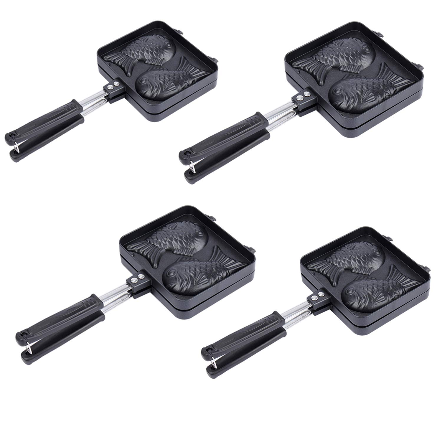 4-Piece Japanese Taiyaki Fish Shaped Waffle Maker Set - 2 Non-Stick Cast Iron Baking Pans with Double-Sided Design for Home Cooking, Perfect for Christmas Gifts, Housewarming & Holiday Baking (YG-01 WPYST) - Make Authentic Japanese Street Food at Home