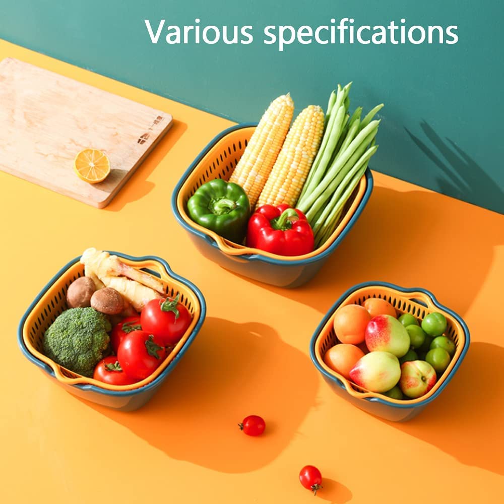 Stackable Multi-Layer Vegetable & Fruit Washing Basket Set - Kitchen Colander Strainer for Washing Produce (Blue & Yellow) - Perfect for Meal Prep, Salad Making & Organizing Fresh Fruits/Veggies
