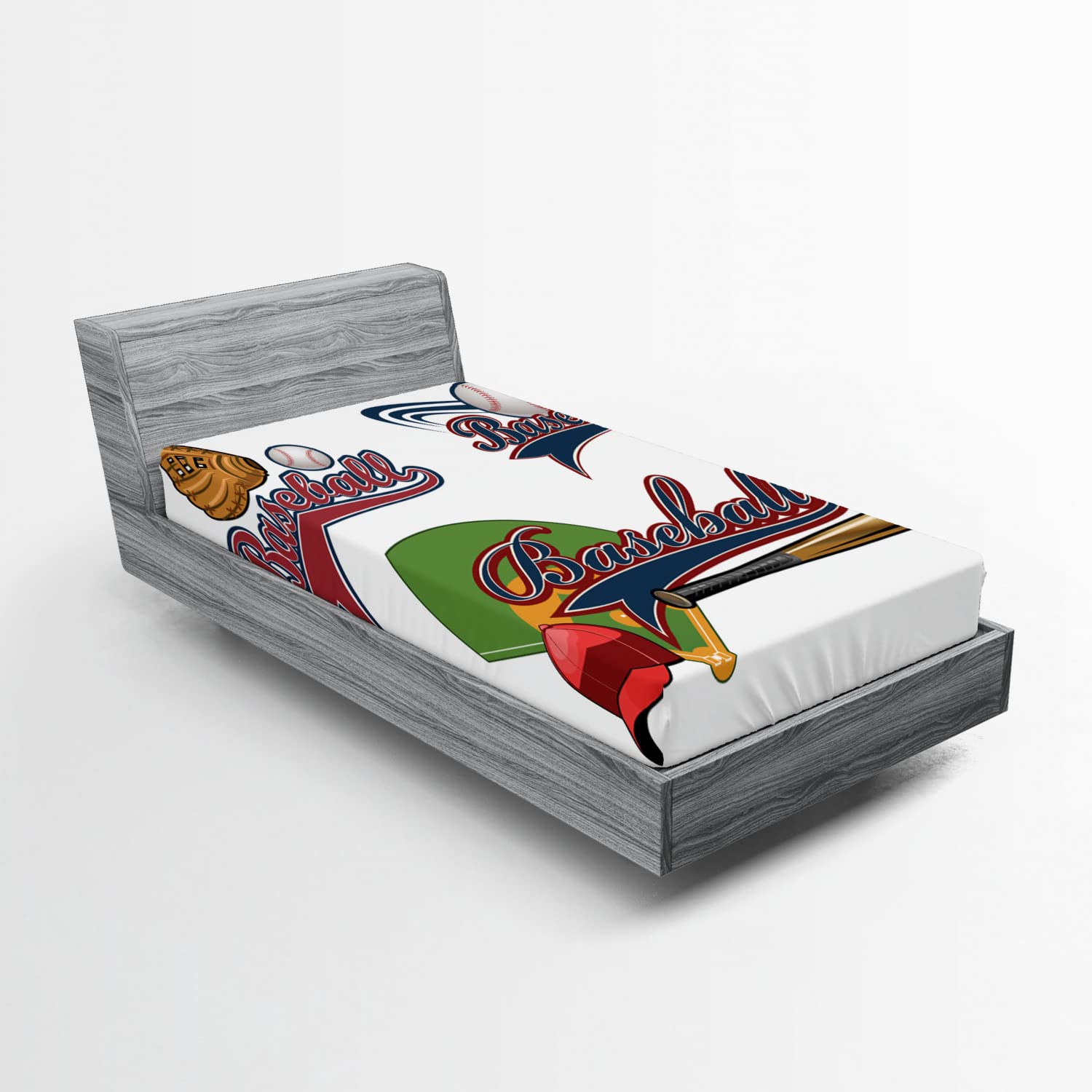 Ambesonne Sports Fitted Sheet - Baseball Mitt & Bat Design Deep Pocket Twin XL Bed Sheet for Athletes & Fans | Durable All-Round Elastic for Mattresses | Perfect for Sports Themed Bedrooms, Dorm Rooms & Game Day Decor
