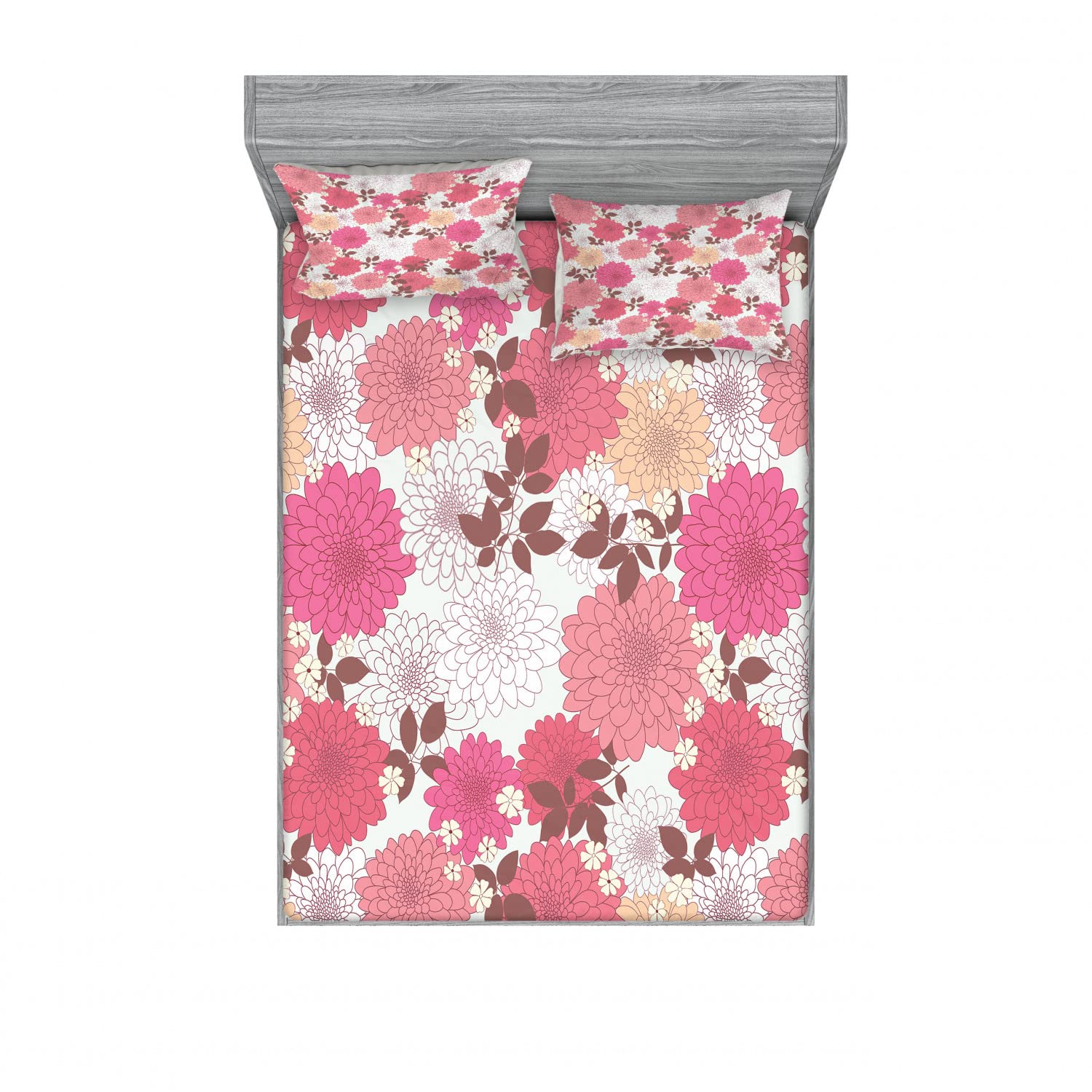 Ambesonne Floral 2-Piece Full Size Fitted Sheet Set with 4 Pillow Shams - Bloom Bouquet Romance Design in Pink & Grey - Soft Bedding Decor for Master Bedroom, Guest Room & Dorm - Includes 2 Fitted Sheets & 4 Pillow Covers