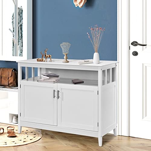 White Wooden Sideboard Buffet Cabinet with 2 Doors & Open Shelf - Kitchen Storage, Dining Room Console, Server Island Table - Perfect for Home, Office, and Restaurant Use
