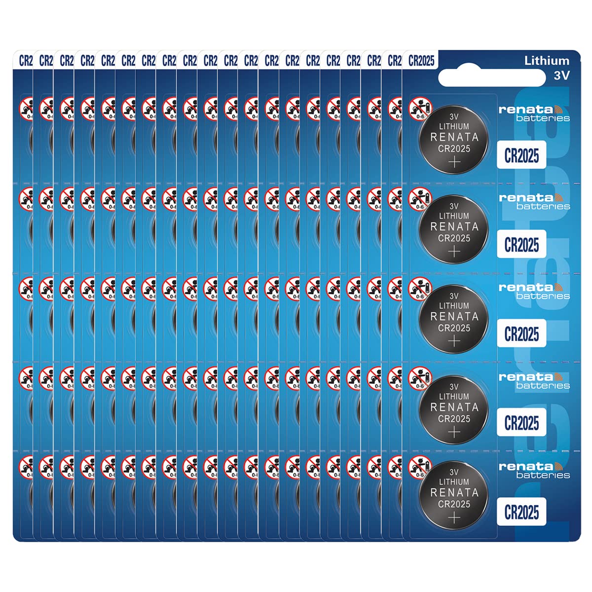 Renata CR2025 3V Lithium Coin Cell Batteries (100 Pack) - Long Lasting Power for Watches, Calculators, Key Fobs & Medical Devices