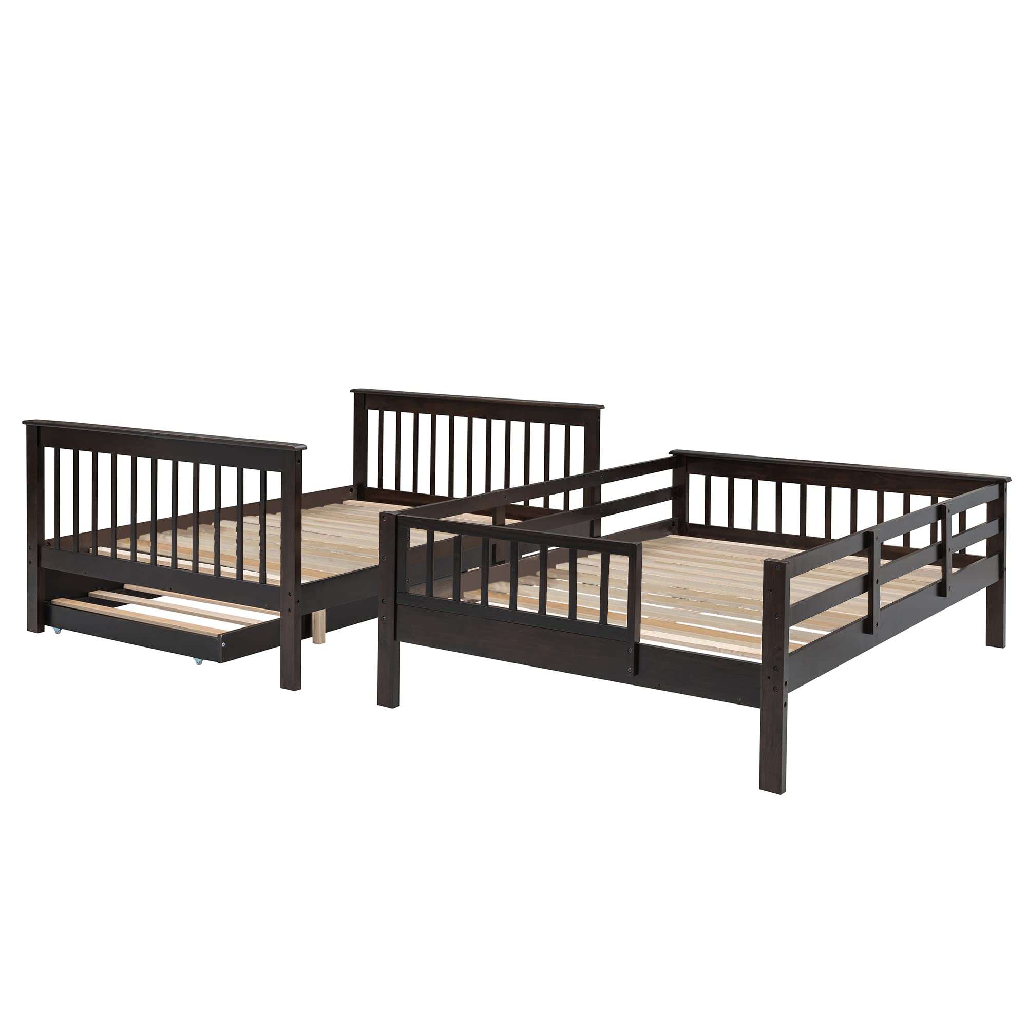 MERITLINE Full Over Full Wooden Bunk Bed Frame with Trundle & Stairs - Convertible Kids Bunk Bed in Espresso Finish | Space-Saving Twin Bunk for Bedrooms, Guest Rooms & Vacation Homes