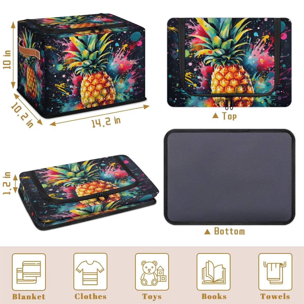 2 Pack Graffiti Pineapple Storage Bins with Zipper Lids & Sturdy Handles - Organize Clothes, Toys & Home Essentials - Perfect for Bedroom, Closet & Kids Room Organization