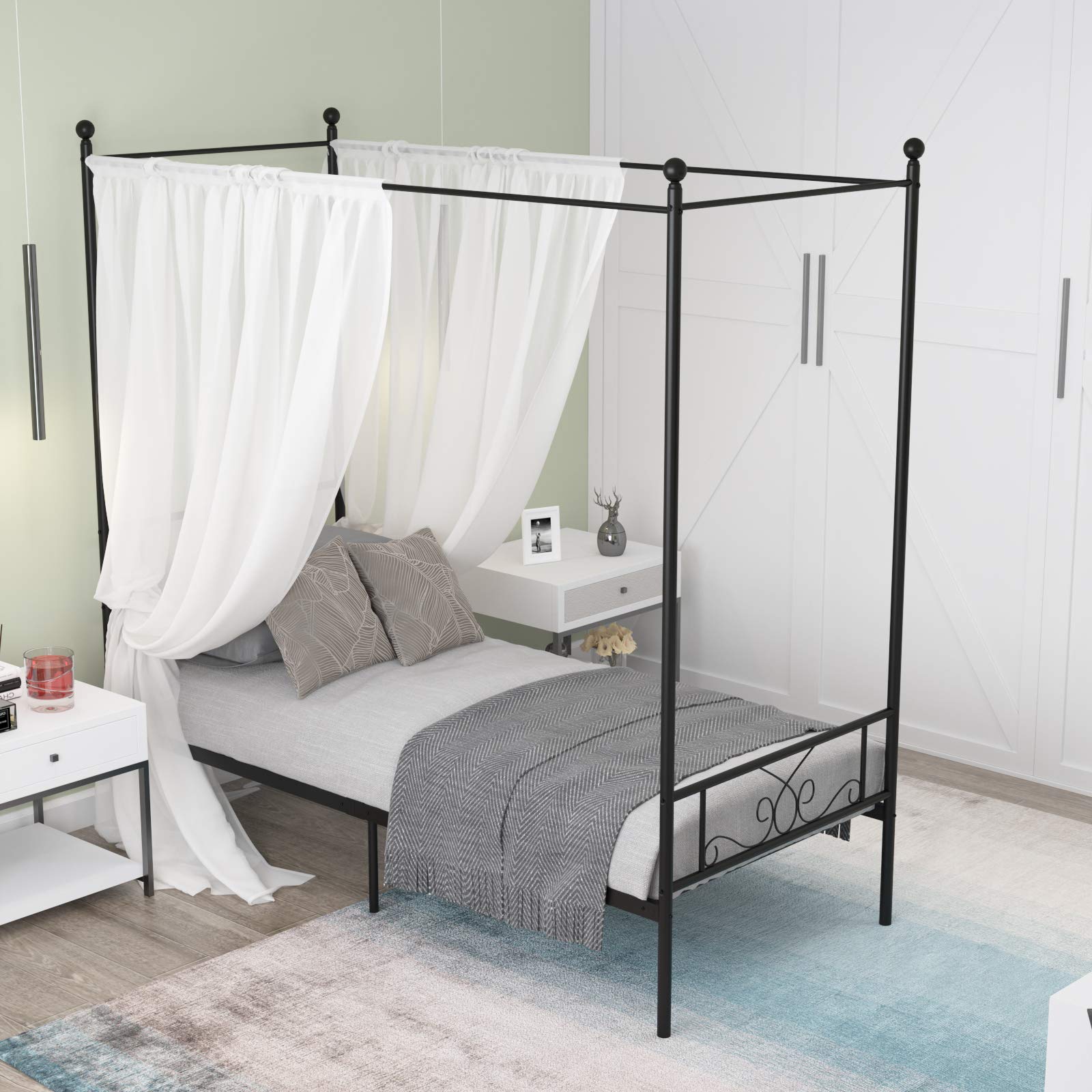 Weehom Twin Canopy Bed Frame with Headboard and Footboard - 4 Poster Metal Bed Frame for Kids & Adults - No Box Spring Needed - Sturdy Mattress Foundation Platform Bed in Black - Perfect for Bedrooms, Guest Rooms & Dorm Rooms