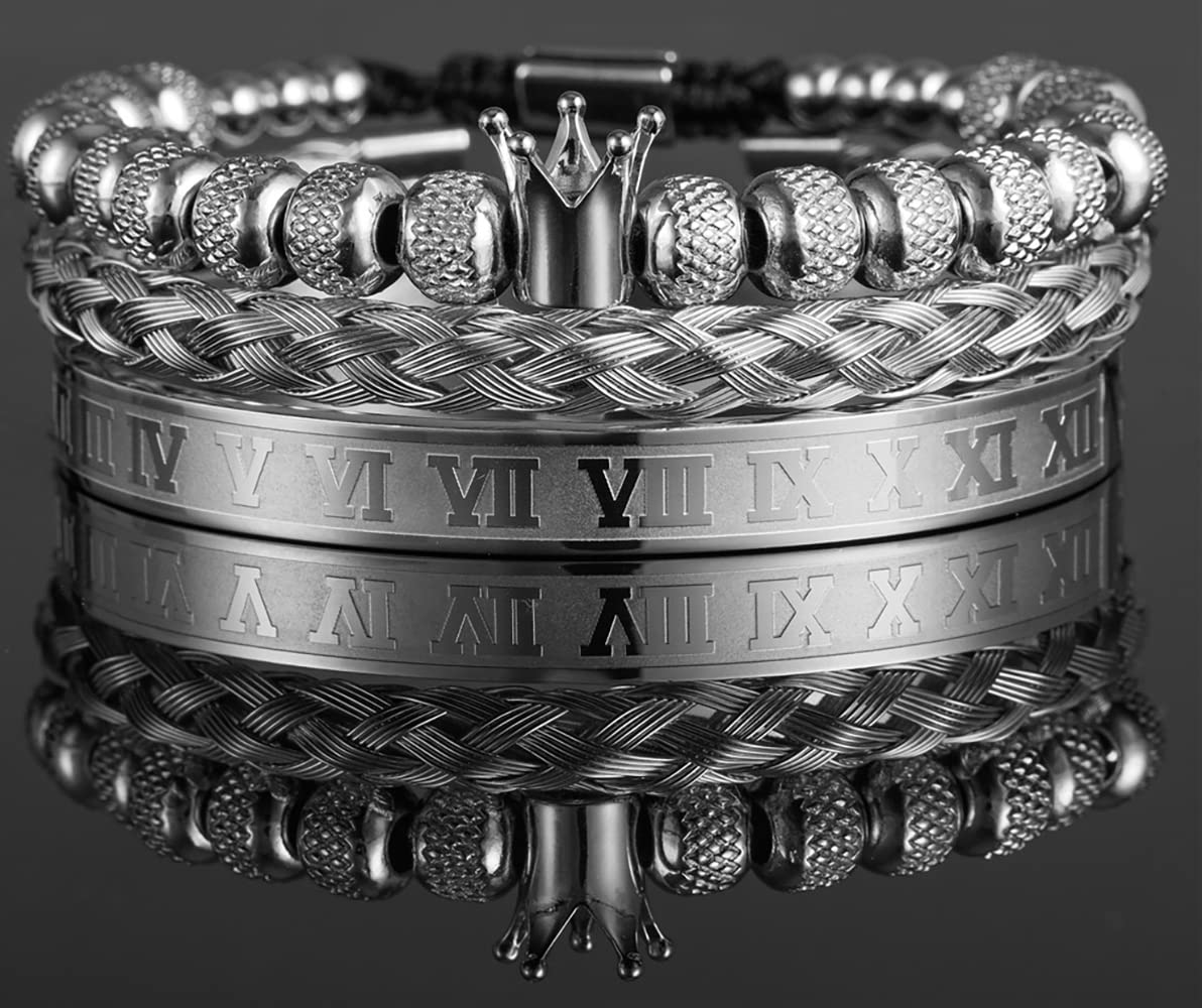 Stainless Steel Roman Numeral Bracelet for Men - Adjustable Gold Bangle Cuff with Royal Crown Charm | Luxury Jewelry Gift for Him | Perfect for Weddings, Anniversaries & Special Occasions