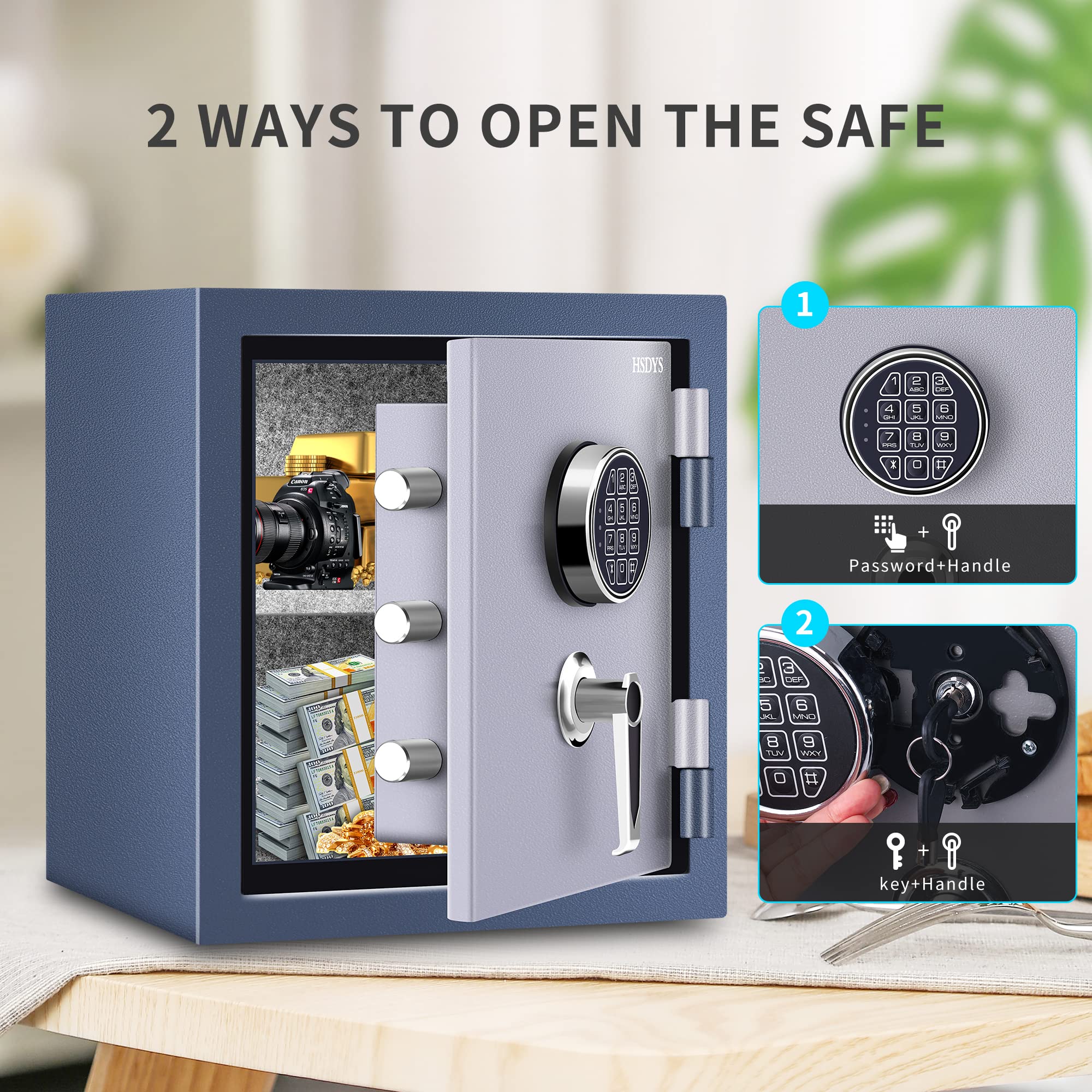 HSDYS 1.0 Cubic Feet Fireproof Security Safe Box with Digital Keypad & Key Lock - Waterproof Home Safe for Documents, Jewelry, Cash - Ideal for Office, Bedroom & Emergency Storage