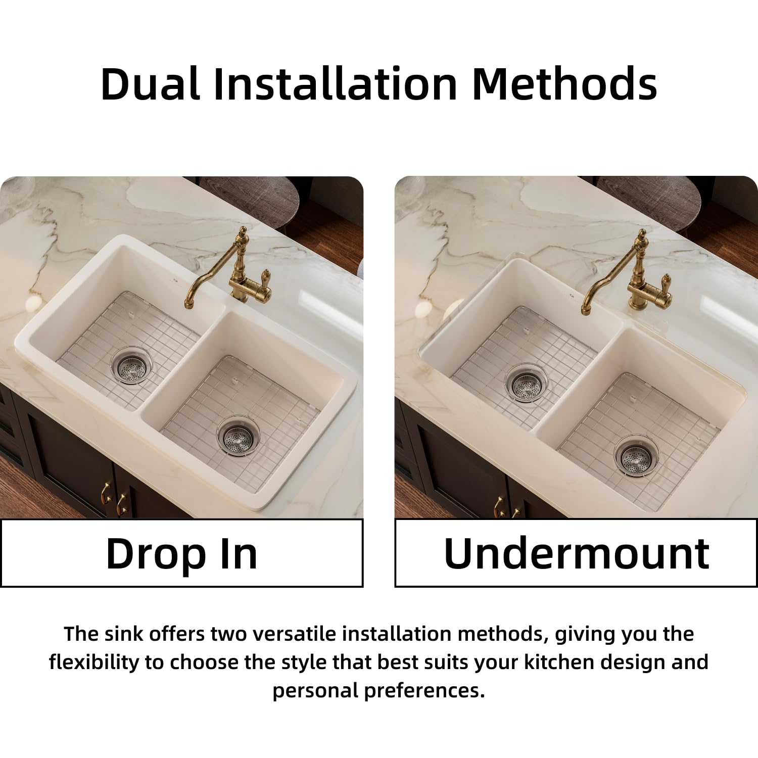 32 Inch Double Bowl White Fireclay Kitchen Sink - 50/50 Split Undermount/Drop-In Design - 32