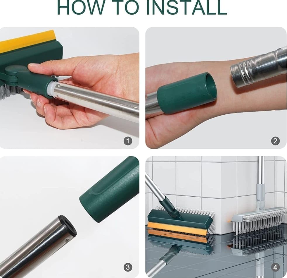 3-in-1 Tile Cleaning Brush with Long Handle & 120° Rotating Head - Bathroom Scrubber with Scraper for Shower, Tub, Wall, Deck & Terrace Tile Cleaning - Perfect for Grout, Ceramic & Porcelain Surfaces