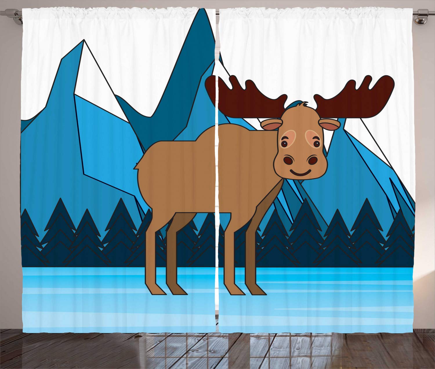 Lunarable Moose Curtains - Elk & Pine Trees Landscape Print, Snowy Mountain Backdrop - 2 Panel Set (108