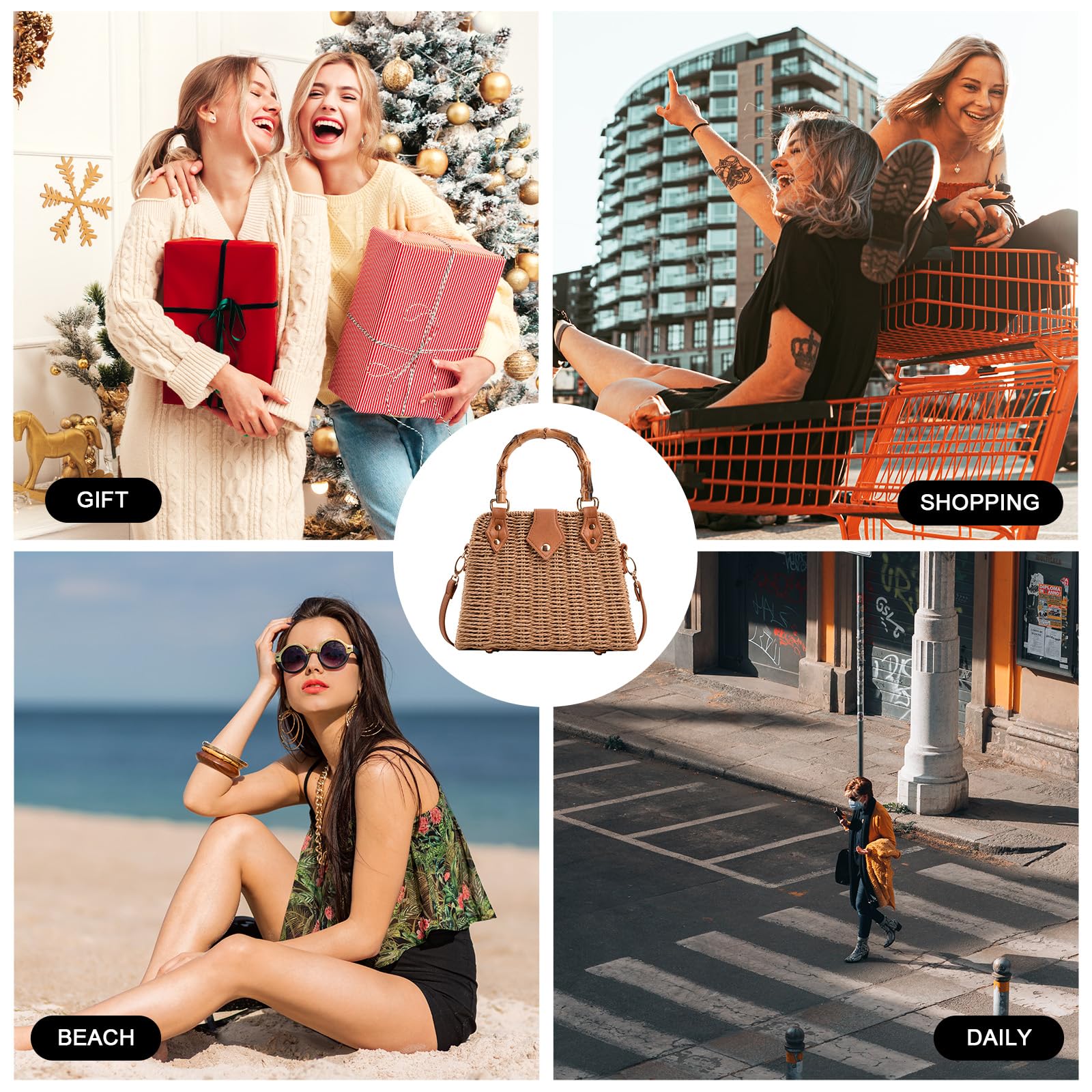 Trendy Straw Tote Bag for Women - Summer Woven Crossbody Purse with Bamboo Handle | Beach Bag, Picnic Accessory, Boho Fashion Statement