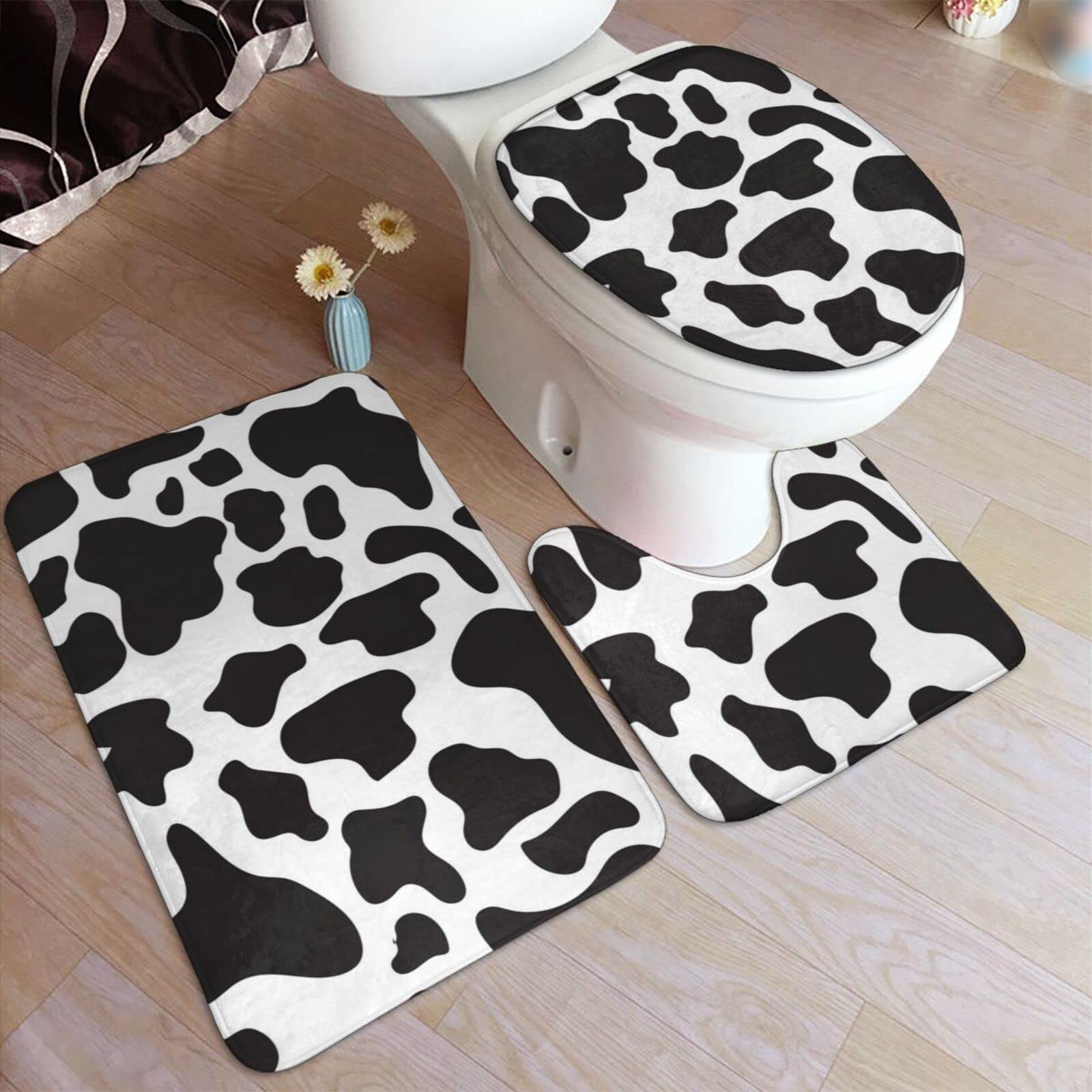 YEAHSPACE 3-Piece Cow Print Bathroom Rug Set - U-Shape Contoured Toilet Mat, Floor Rug & Toilet Lid Cover - Black & White Cowhide Design for Farmhouse, Country or Modern Bathroom Decor