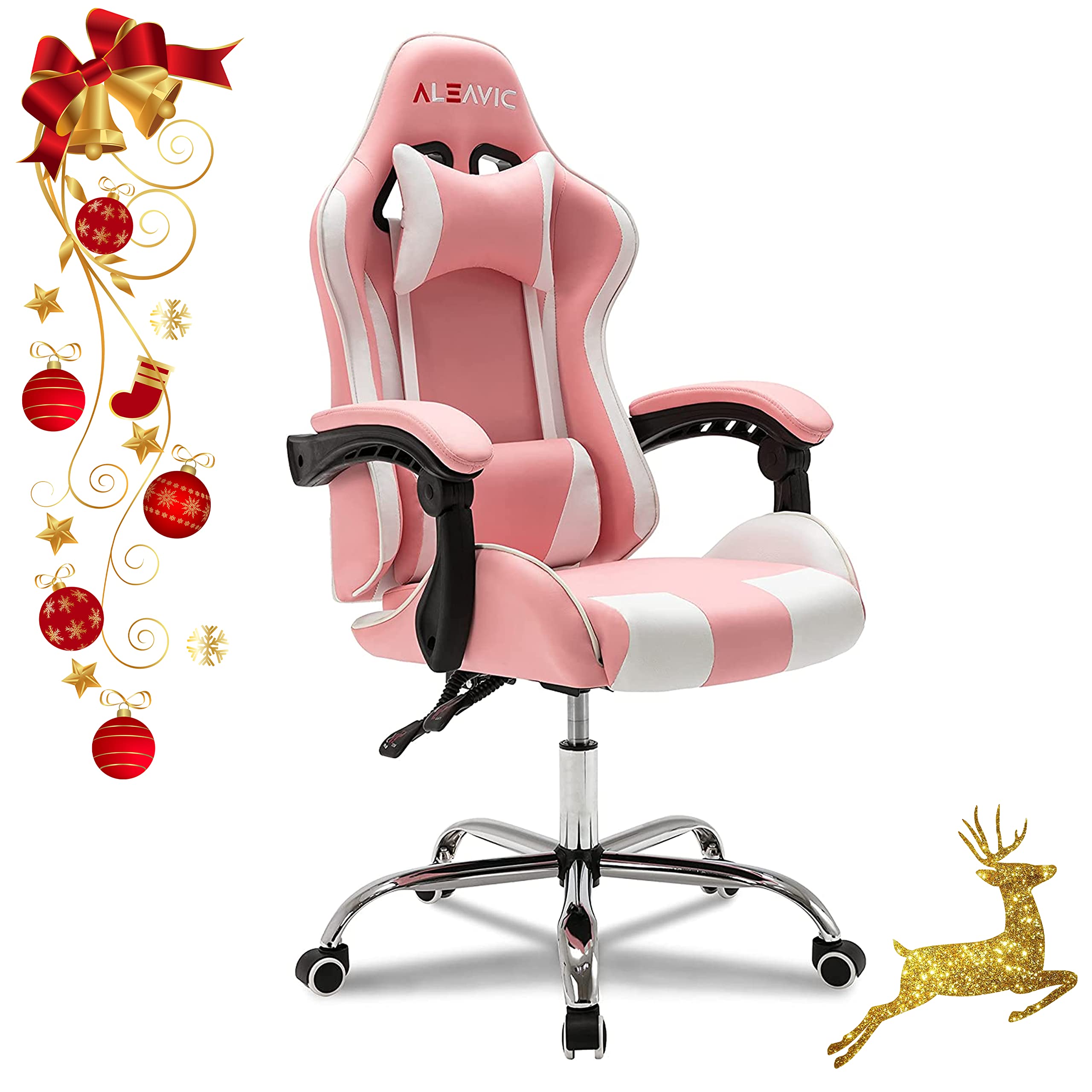 ALEAVIC Ergonomic Gaming Chair for Adults - High Back Computer Chair with Adjustable Headrest & Lumbar Support - Pink & White - Perfect for PC Gaming, Office Work & Home Desk Setup