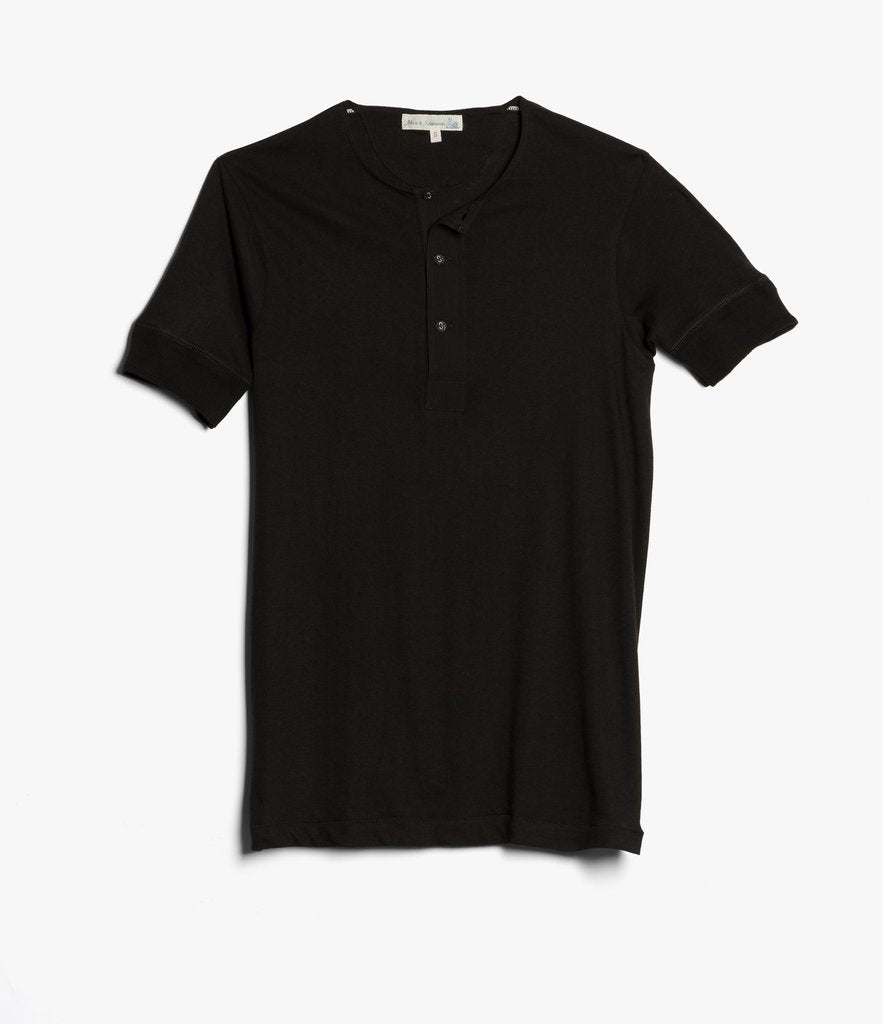 Merz b. Schwanen 103 Short Sleeve Henley T-Shirt for Men | Premium Cotton Crewneck Undershirt in Deep Black | Casual Wear & Layering Essential