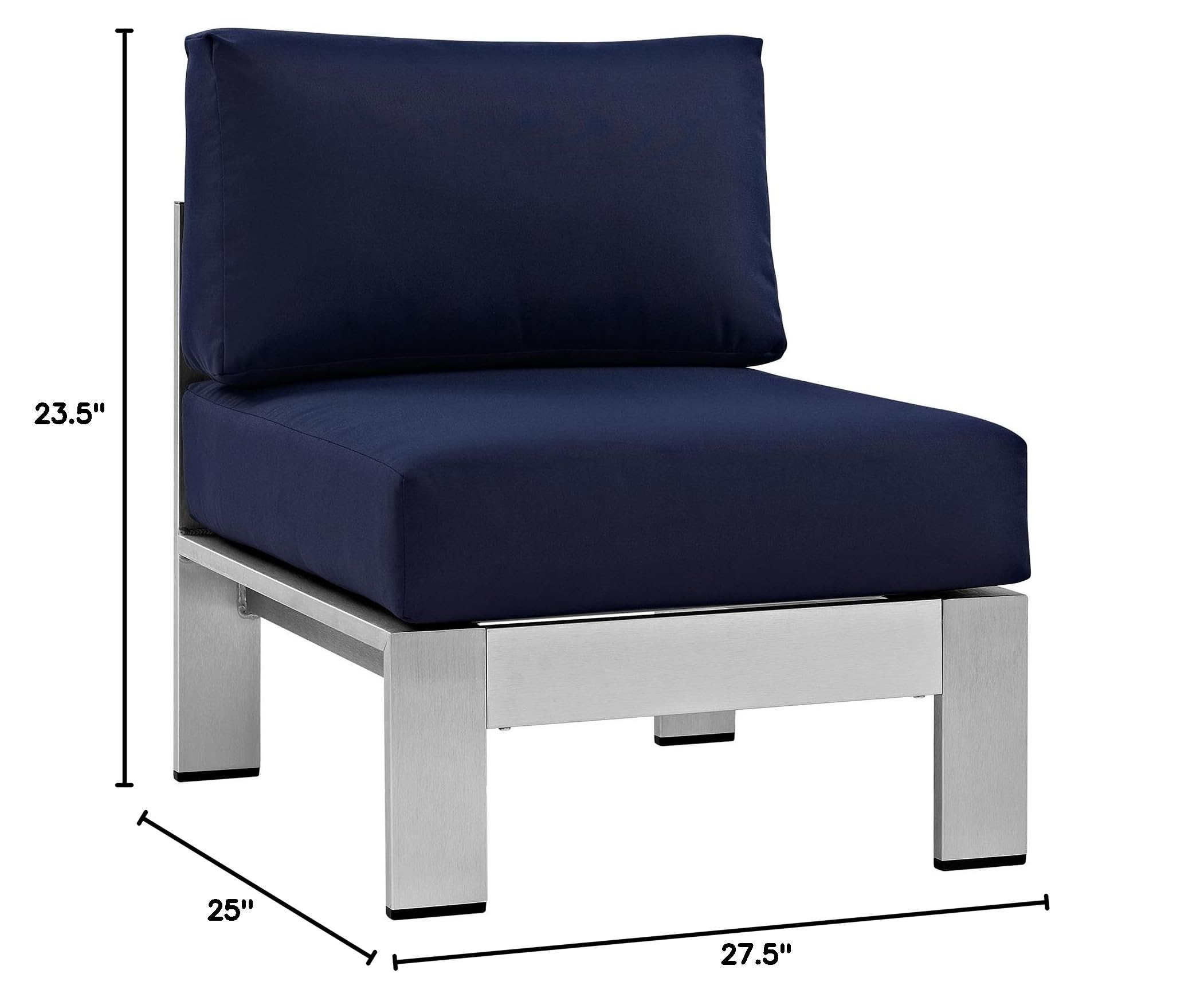 Modway Shore Aluminum Outdoor Patio Armless Chair - Silver Navy - Lightweight & Weather-Resistant for Poolside, Garden, Deck, and Patio Relaxation