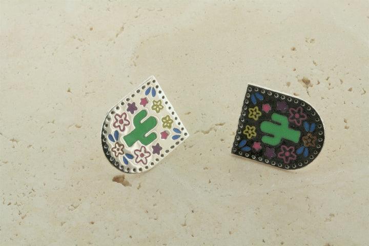 Colorful Enamel Cactus Shield Stud Earrings - Trendy Boho Jewelry for Women, Perfect for Festivals & Everyday Wear