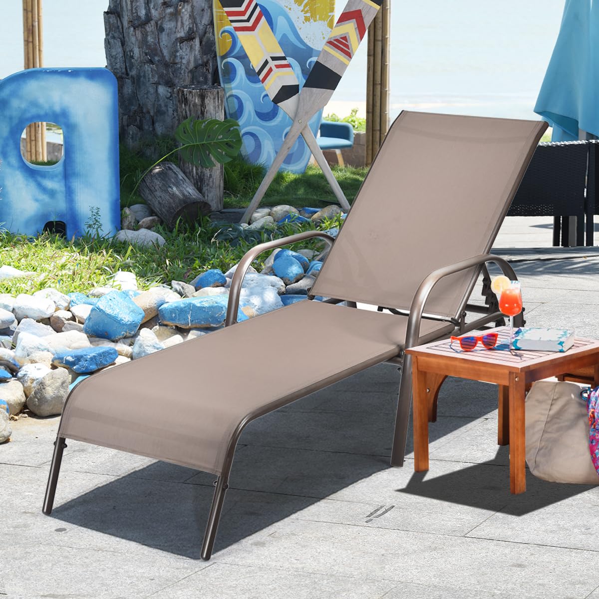 Giantex Adjustable Patio Lounge Chair - 5-Position Reclining Outdoor Chaise Lounge with Sturdy Steel Frame - Perfect for Sunbathing, Beach, Poolside, Backyard & Balcony Relaxation - Weather-Resistant Brown Outdoor Furniture