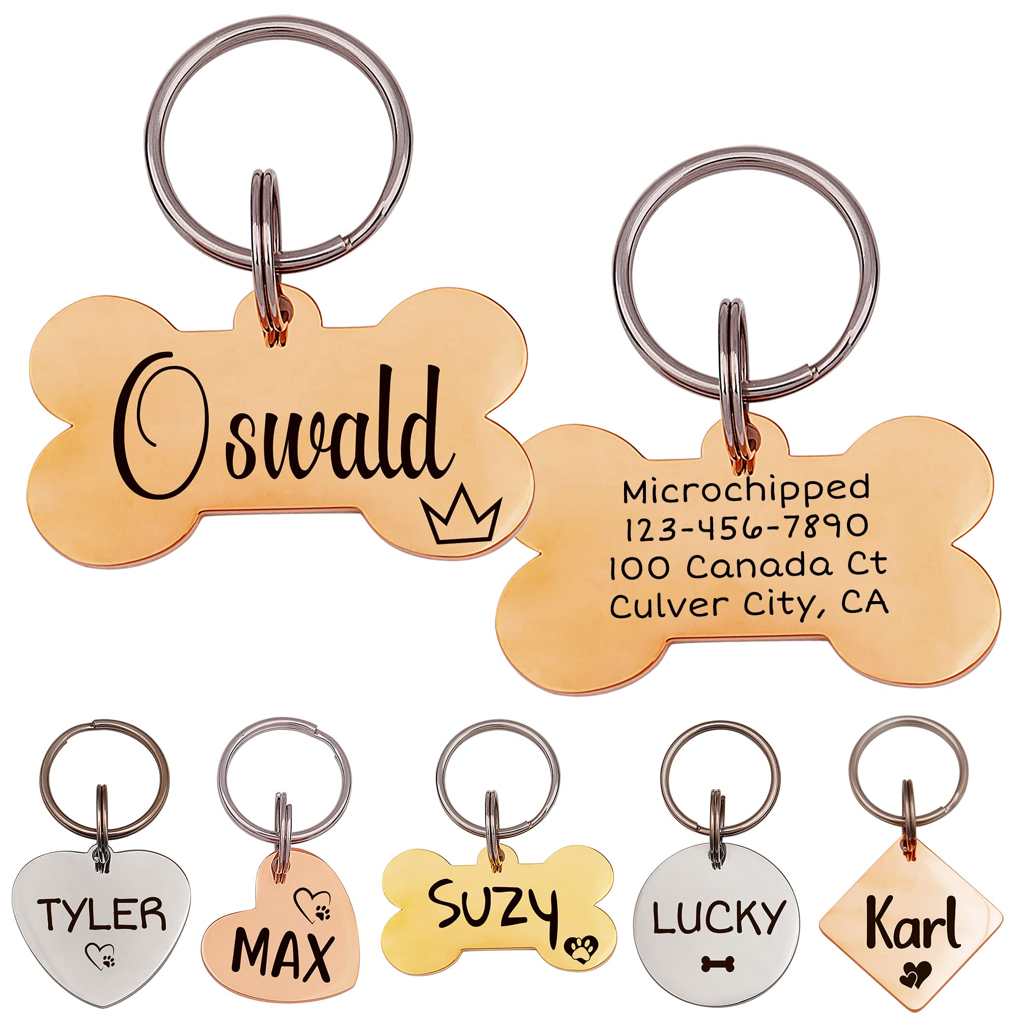 Anavia Personalized Pet ID Tags - Custom Engraved Stainless Steel Dog & Cat Collar Tags - Rose Gold Bone Shape (Medium) - Perfect for Daily Walks, Travel & Pet Safety