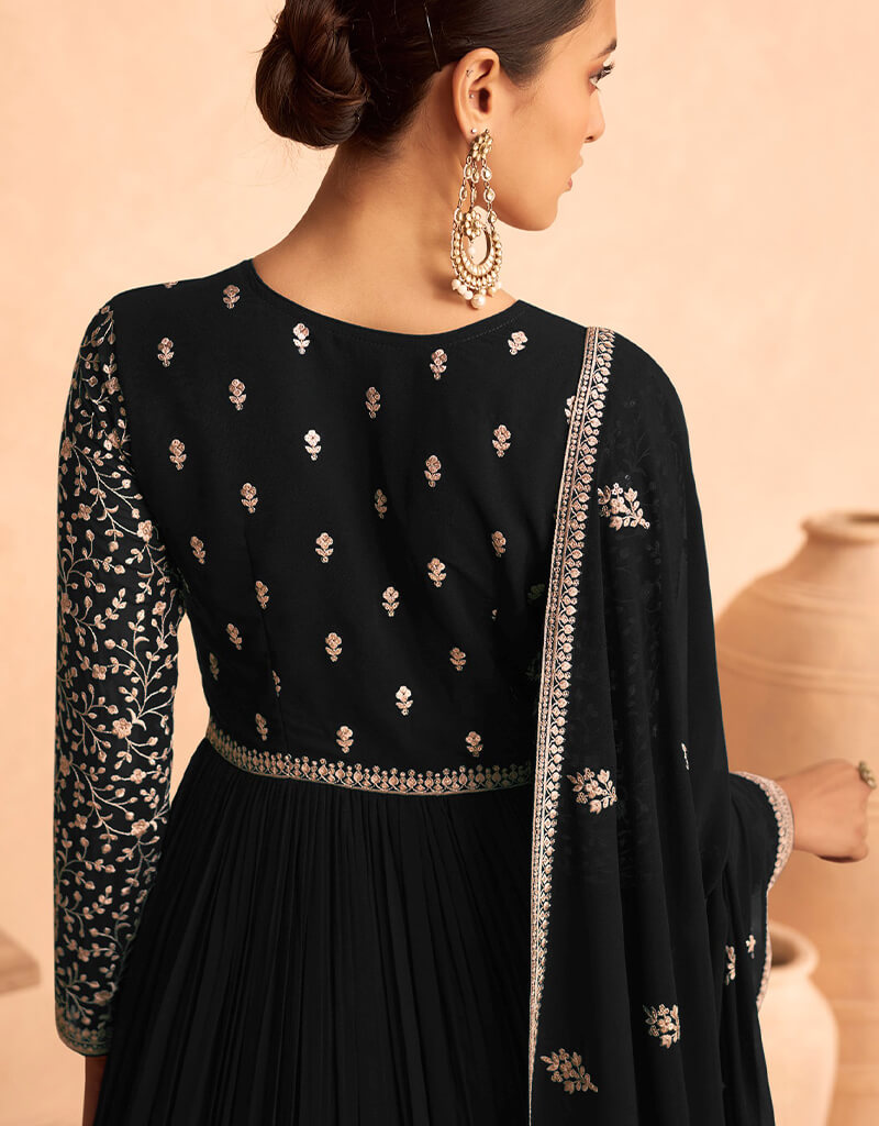 Elegant Black Faux Georgette Anarkali Pant Suit for Women - Perfect for Weddings, Parties & Festive Occasions