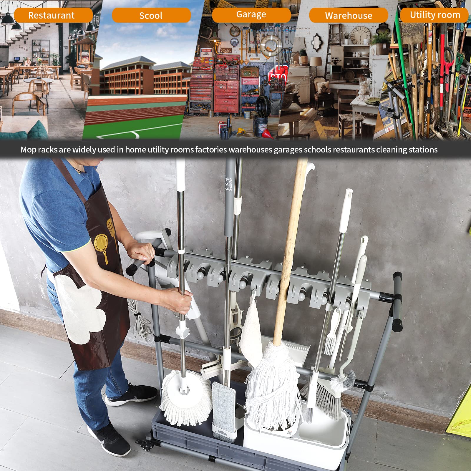 Multifunctional Cleaning Cart & Tool Organizer - Heavy Duty Broom Mop Holder with Wheels | Perfect for Home, Office & Janitorial Use