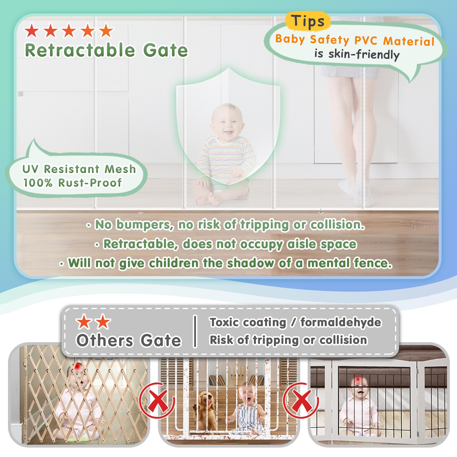 42'' Extra Tall & 120'' Wide Retractable Baby Gate - Upgraded Mesh Safety Barrier for Stairs, Doorways, Decks - Indoor/Outdoor Use for Babies, Pets & Toddlers - Perfect for Home, Nursery, and Play Areas
