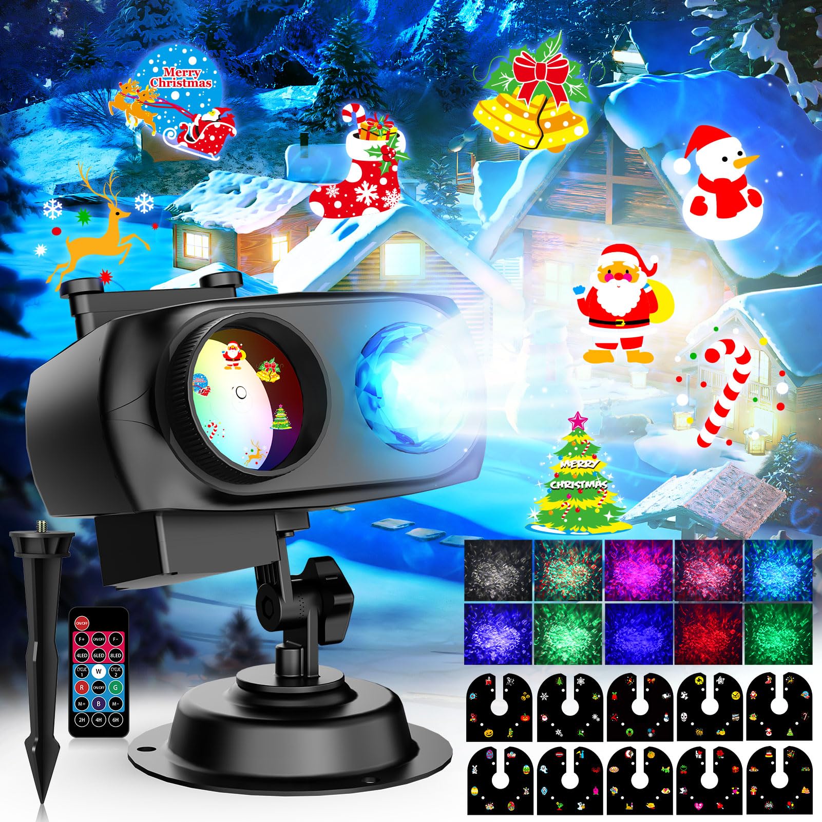 Christmas Projector Lights Outdoor Decor - 10 HD Slides & 10 Color Ocean Wave Holiday Projector with Remote Control, Waterproof 2-in-1 Christmas Lights for Xmas Party, Holiday Yard Decorations (Perfect for Christmas, Halloween, New Year's Eve Outdoor Decor)