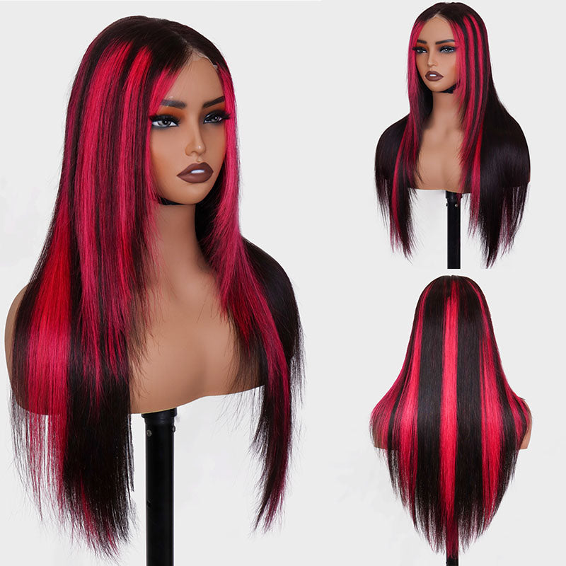 Eullair Green Skunk Stripe Layered Cut Straight Human Hair Wig with Golden Ginger Highlights - Pre Cut Lace Front for Natural Look | Perfect for Cosplay, Halloween, Daily Fashion & Special Occasions