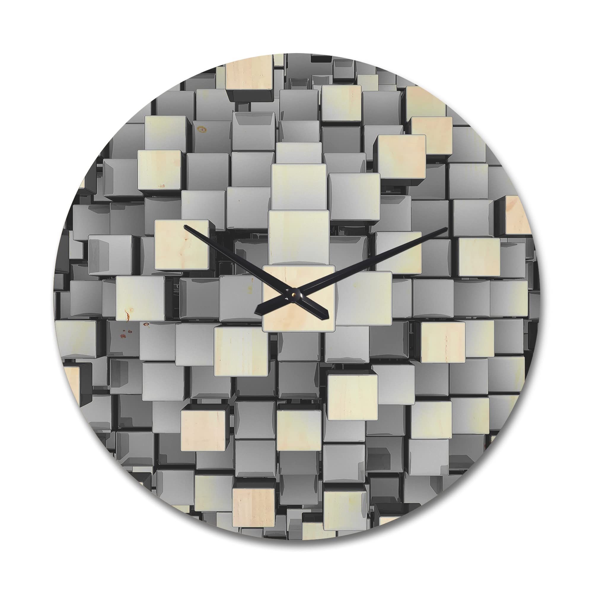 Modern Grey and Black Cubes Wood Wall Clock - Large Oversized Decorative Wall Clock for Living Room, Bedroom & Office Décor - Perfect for Home, Office & Modern Interior Design