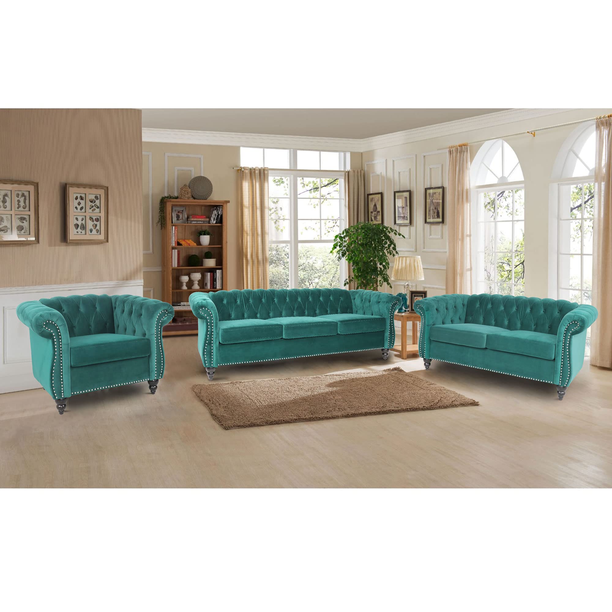 Luxury Chesterfield Sofa 3-Seater Velvet Couch with Tufted Back & Nailhead Trim - Modern Scroll Arm Sofa for Living Room, Apartment - Green Velvet Upholstery (Perfect for Home Theater, Lounge, Office Waiting Area)