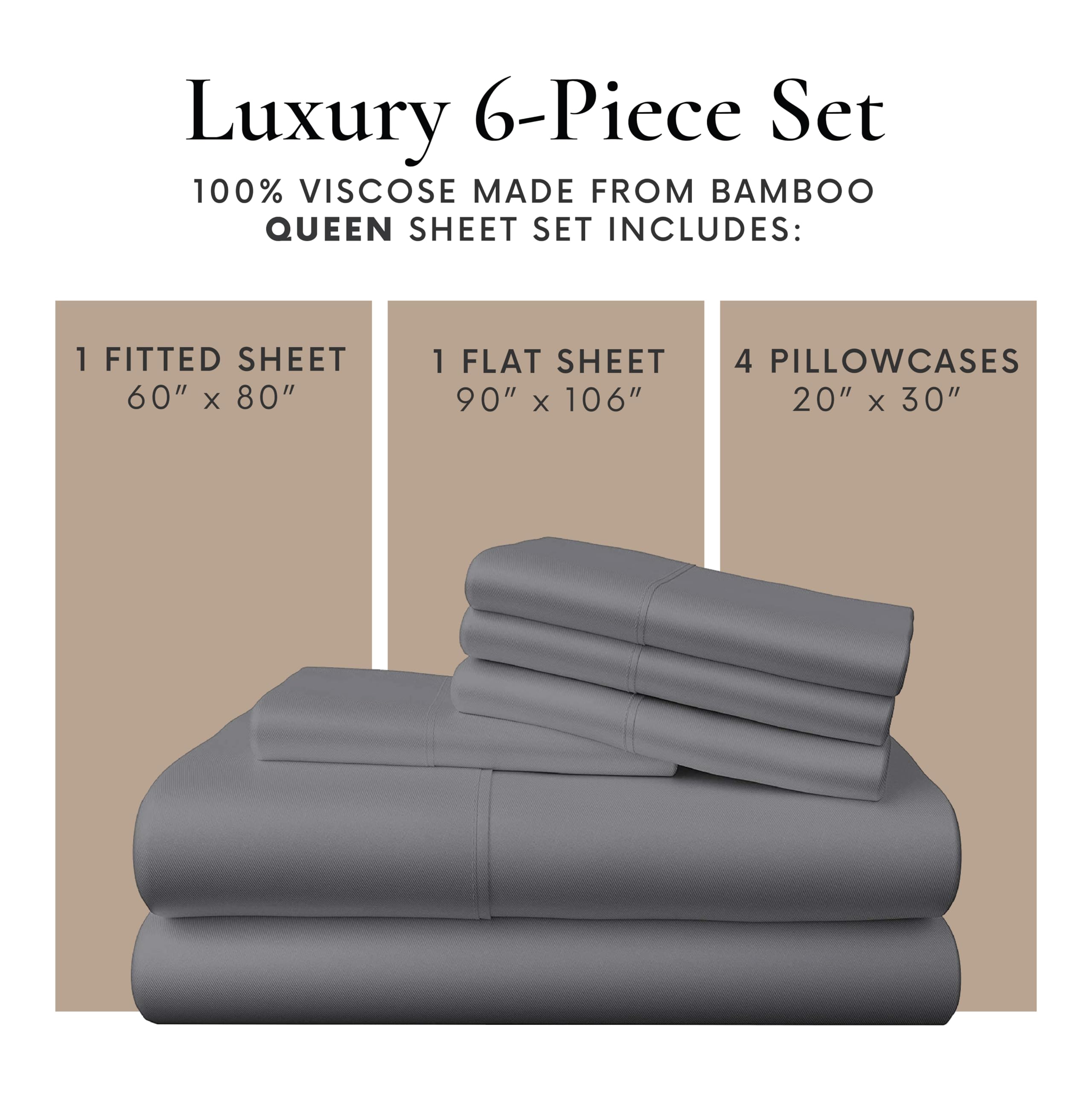 Bamboo Bay 6-Piece Queen Size Sheet Set - 100% Bamboo Viscose, Ultra Soft & Breathable Cooling Bed Sheets for Hot Sleepers - Deep Pocket Fits 16
