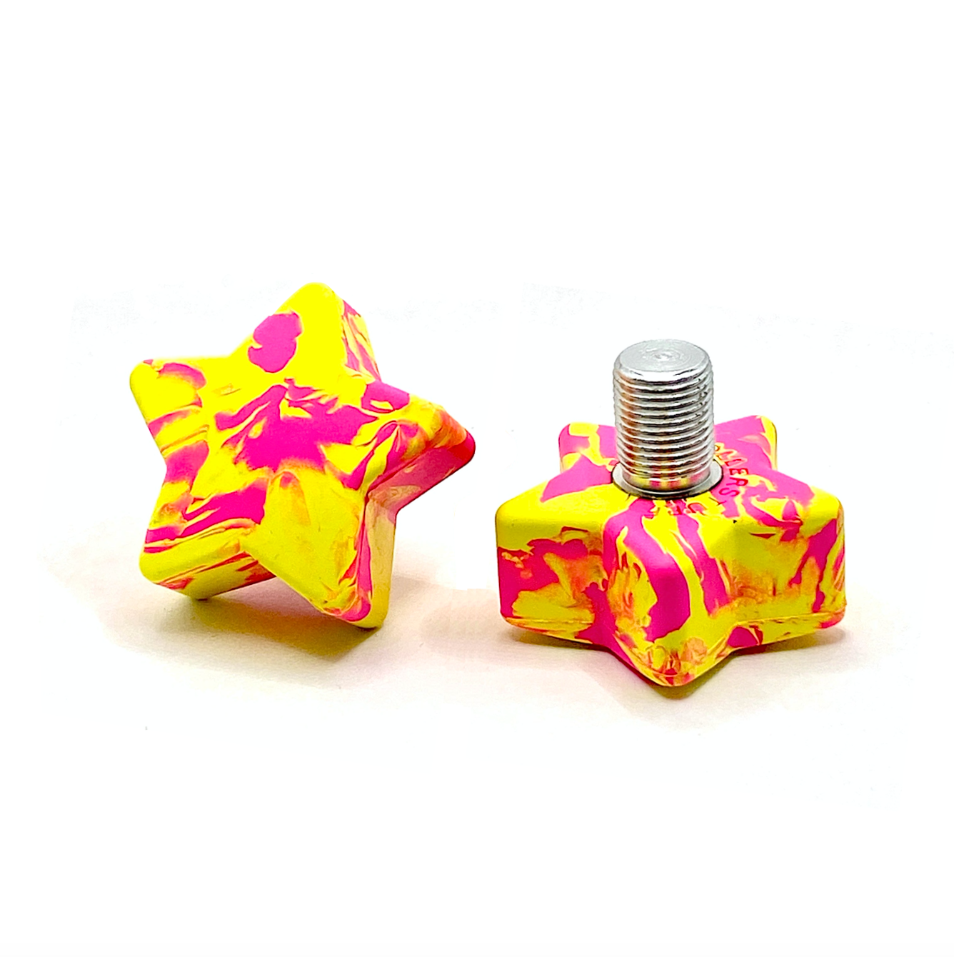 RollerStuff Adjustable Toe Stops for Roller Skates - Neon Pink/Yellow Swirl Disco Lemonade Design | Perfect for Roller Derby, Artistic Skating & Outdoor Rollerblading