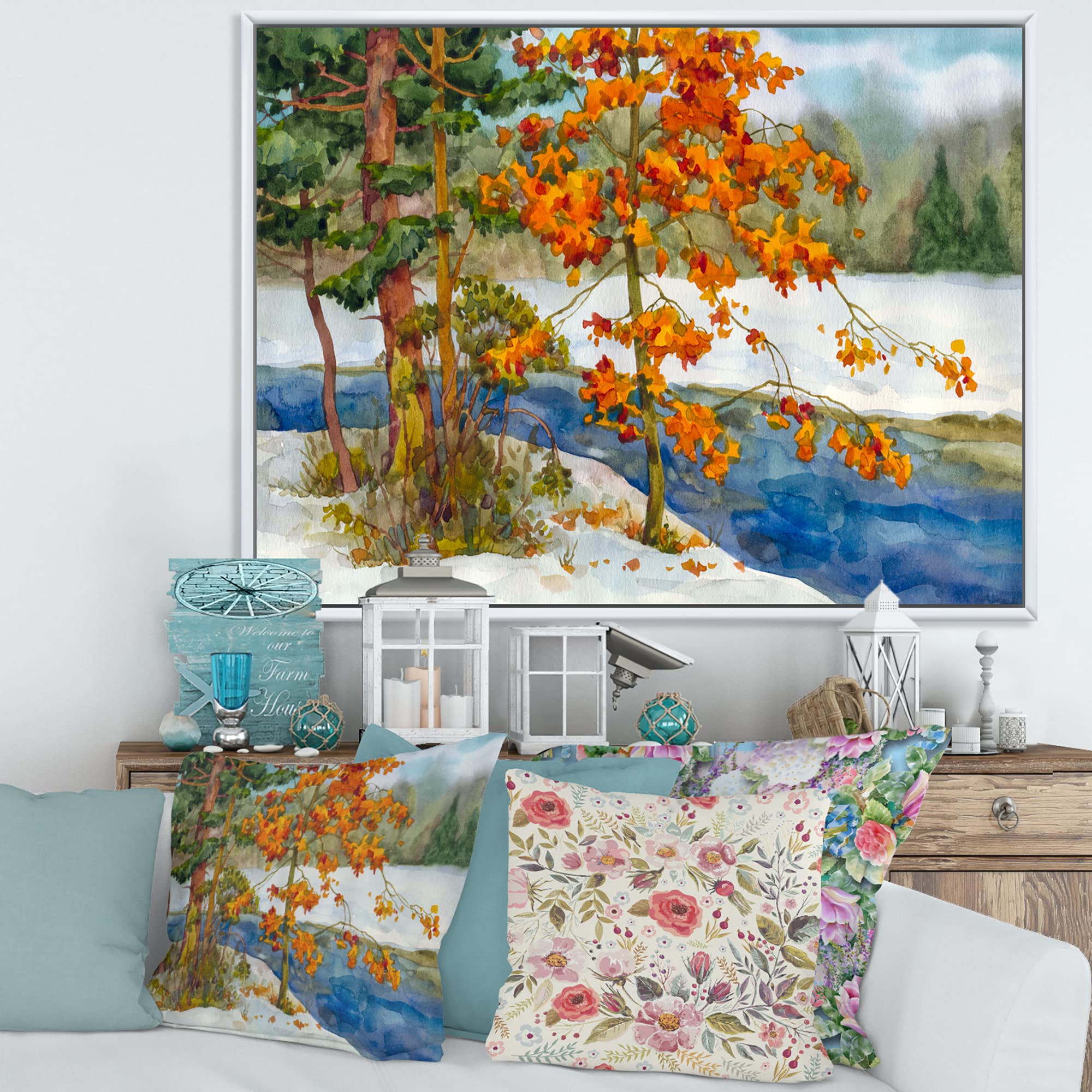 DesignQ Stream In The Winter Forest I - Lake House Framed Canvas Wall Art Print | Nature Landscape Painting for Living Room, Bedroom & Office Decor | Perfect Gift for Home & Holiday