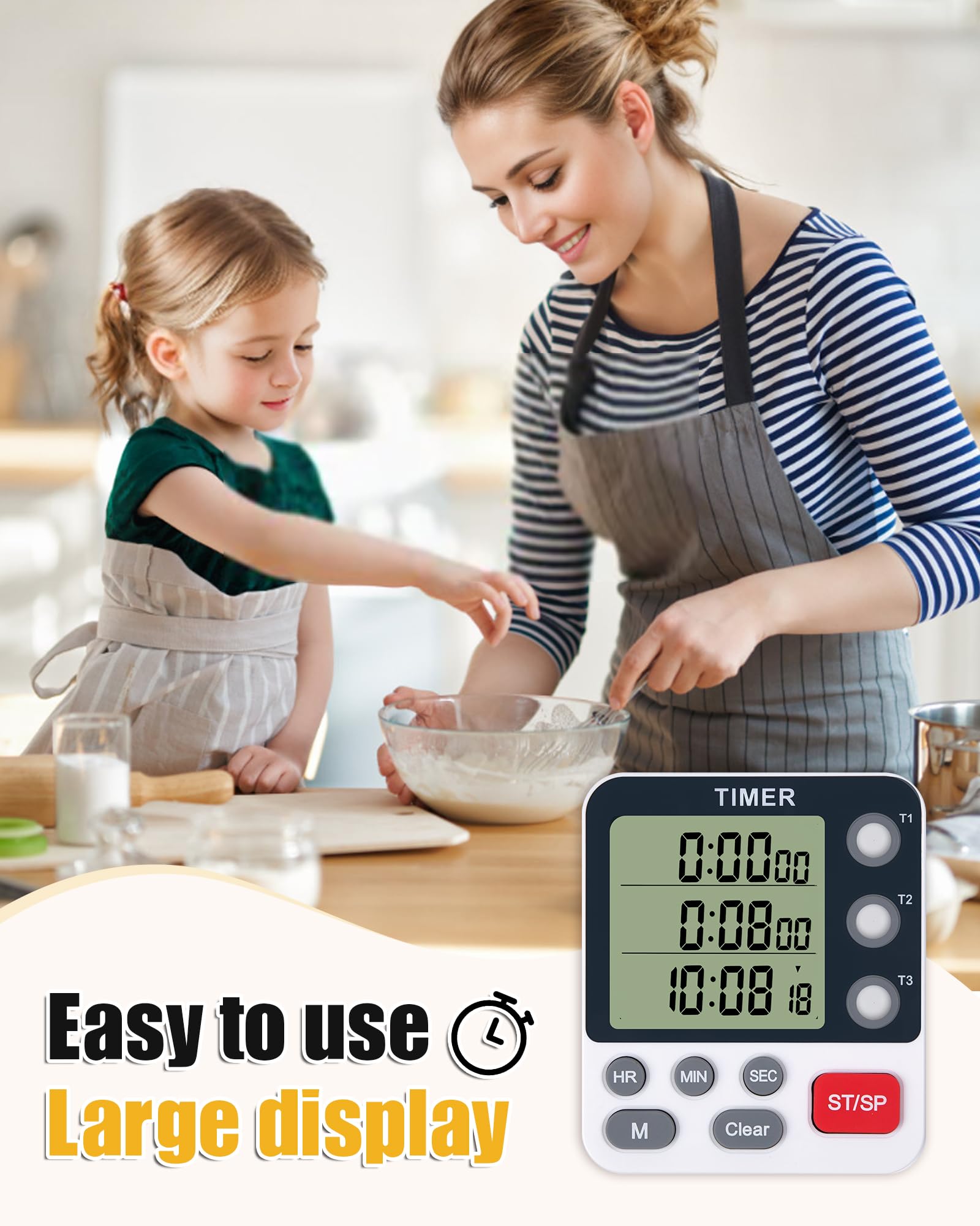 3-Channel Digital Kitchen Timer with Alarm - Large Display, Magnetic Back, Replaceable 3A Battery - Loud Cooking Timer for Baking, Meal Prep & Multitasking (Modern White Design)