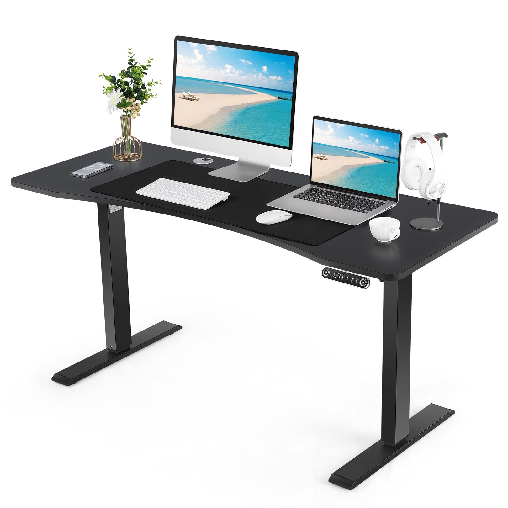 KORGOL Electric Height Adjustable Standing Desk with Oversized Mouse Pad - 27'' to 45'' Lift Range, 59'' x 24'' Ergonomic Curved Desktop (Black) - Perfect for Home Office, Gaming Setup & Workspace Ergonomics