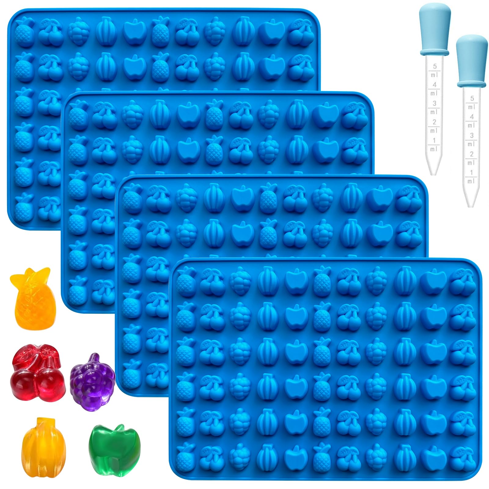 4Pcs Non-Stick Silicone Gummy Fruit Candy Molds with 2 Droppers - DIY Homemade Gummies, Jellies & Treats for Kids, Baking, Party Favors & Holiday Crafts