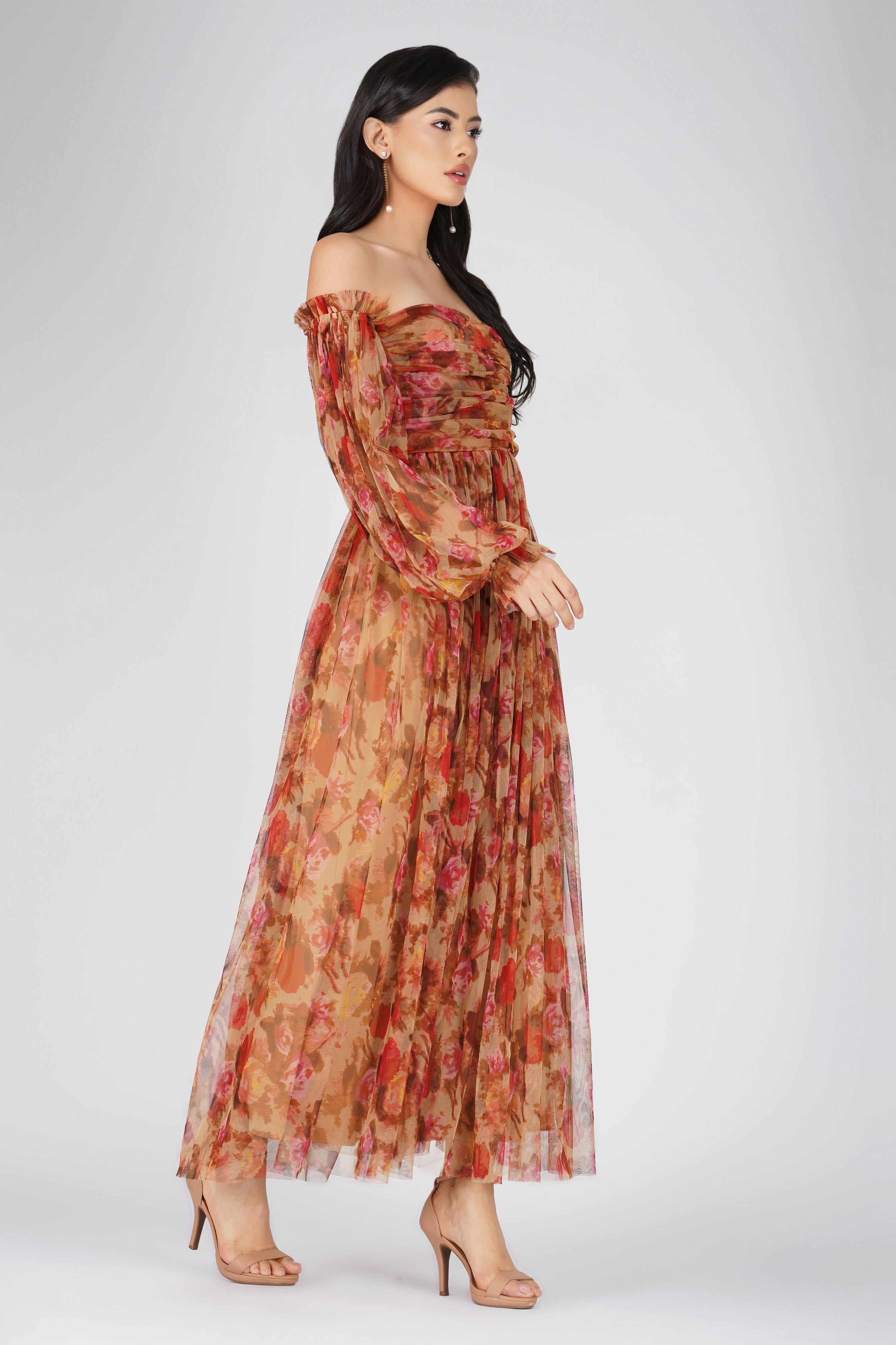 Lana Brown Floral Tulle Dress for Women - Elegant A-Line Party Gown with Lace Details - Perfect for Weddings, Prom, Cocktail Parties & Special Occasions