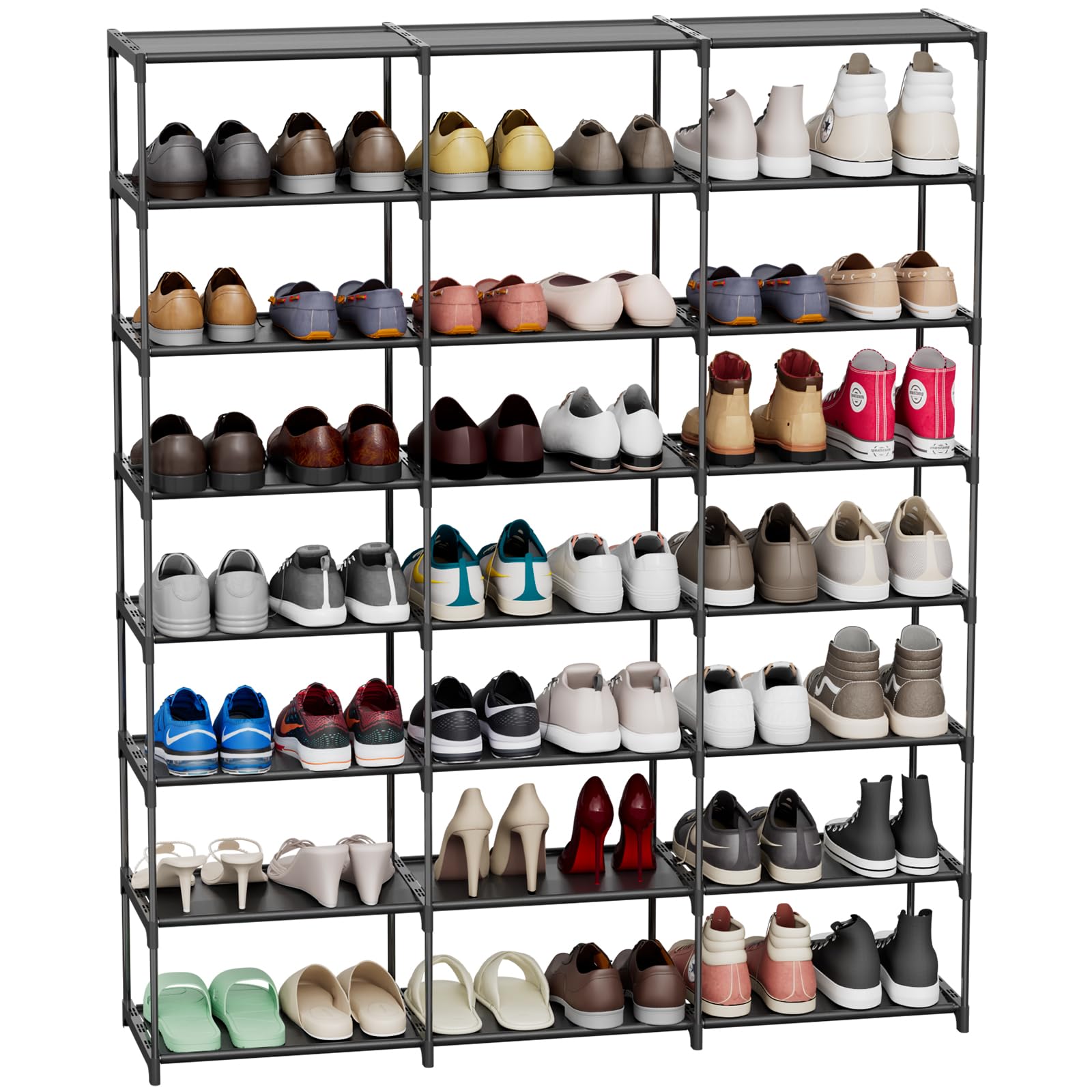 3-Tier Shoe Rack Organizer for 40-60 Pairs of Shoes & Boots - Sturdy Plastic Shoe Shelf with 8 Storage Levels - Perfect for Entryway, Hallway, Closet, Garage & Front Door Storage - Space-Saving Shoe Tower for Home Organization