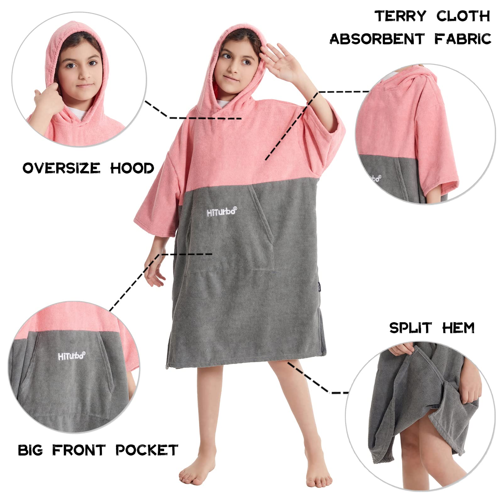 Hiturbo Kids Changing Towel Robe - Super Absorbent Quick Dry Surf Poncho with 3/4 Sleeves, Microfiber Bath Towel for Beach, Pool & Swimming - Perfect for Boys & Girls (Pink/Gray) - Great for After-Swim Changing, Sun Protection & Outdoor Activities