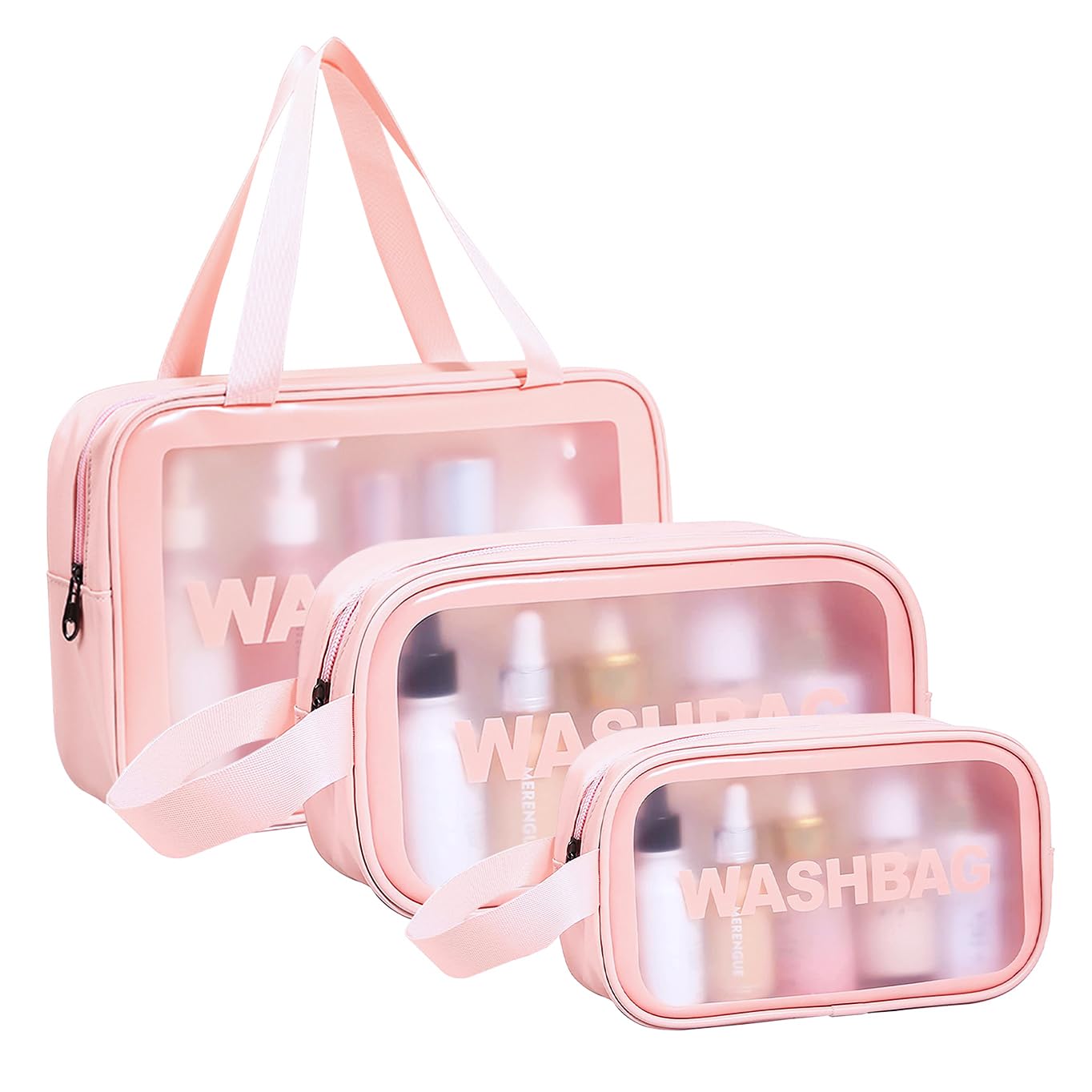 VAVSYL 3-Piece Clear Toiletry Bag Set for Women - Waterproof Travel Cosmetic Organizer, Makeup Pouch & Bathroom Essentials Bag - Perfect for Vacation, Gym, Business Trips & Daily Use (Pink)