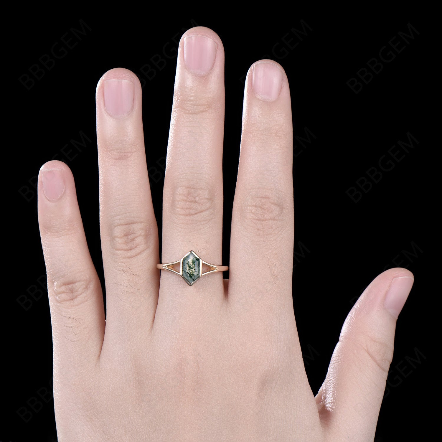14K Solid Gold Hexagon Cut Natural Moss Agate Solitaire Ring - Art Deco Split Shank Bezel Set Promise Ring for Women | Green Agate Jewelry for Engagement, Anniversary & Special Occasions