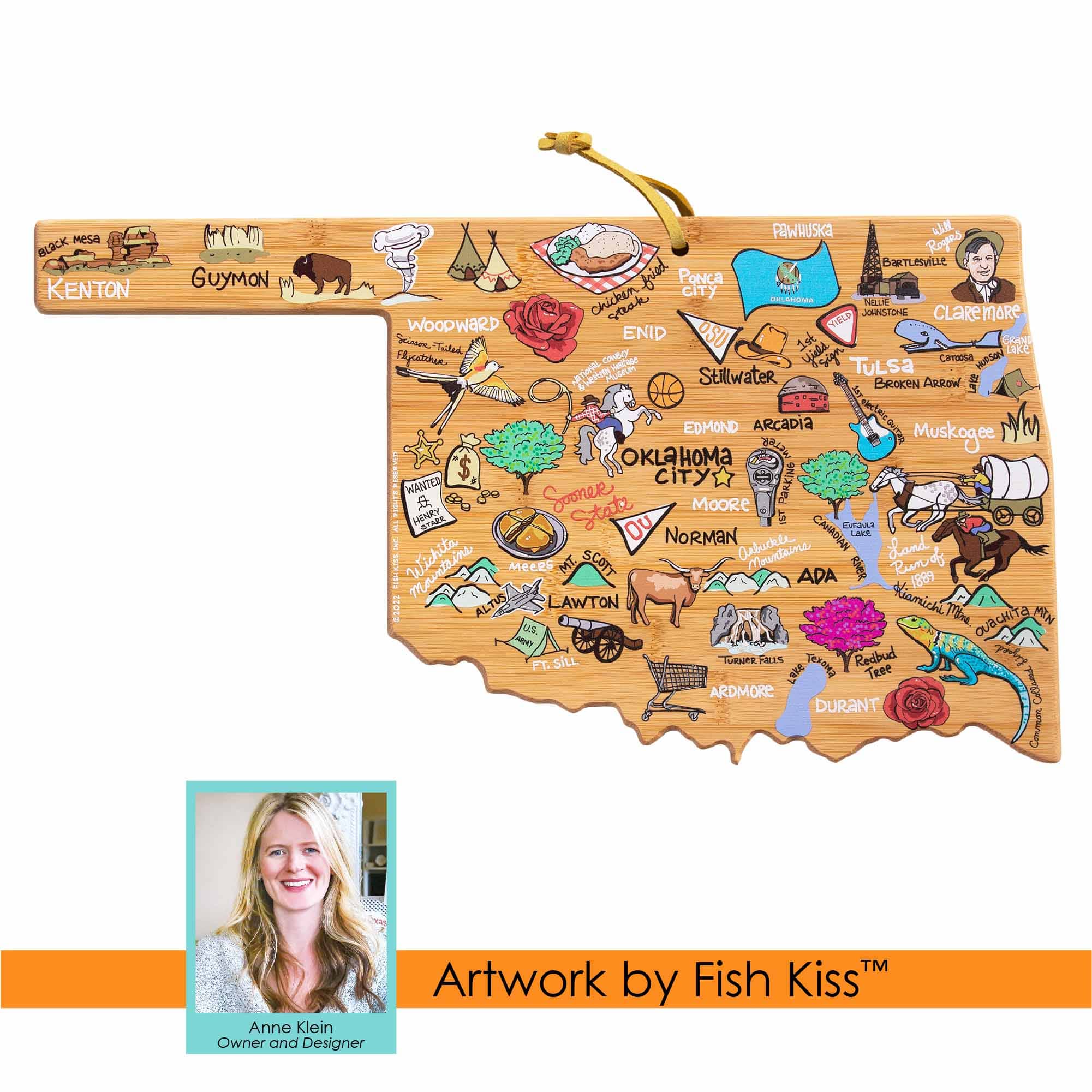 Premium Oklahoma-Themed Wooden Cutting Board with Fish Kiss™ Artwork – Perfect for Kitchen Decor, Gift Giving & Home Use