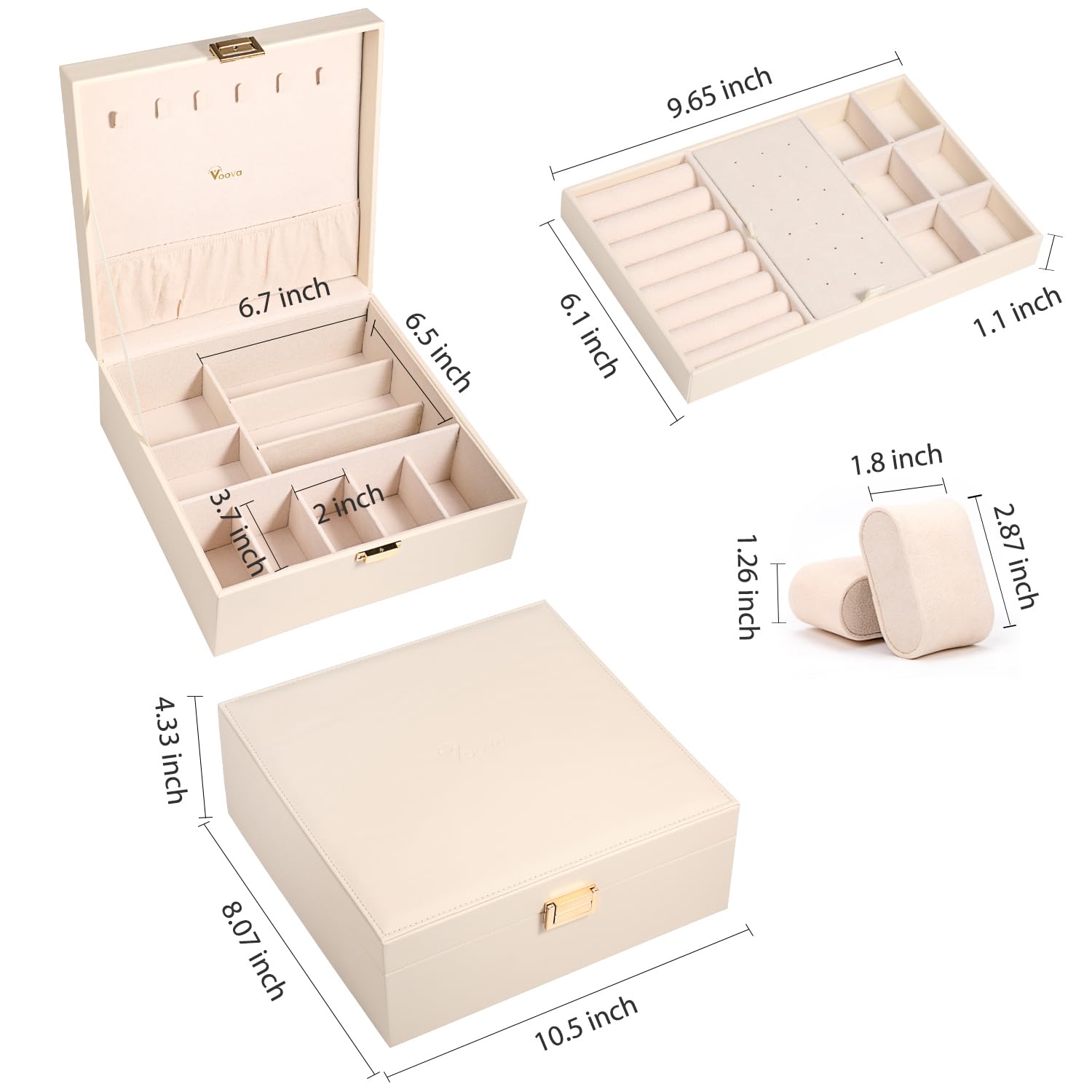 Voova 2-Layer Jewelry Box Organizer for Women & Teens - Large PU Leather Watch Holder with Removable Tray for Jewelry, Sunglasses, Rings, Earrings & Necklaces (Apricot) - Perfect for Bedroom Vanity, Travel & Gift Giving