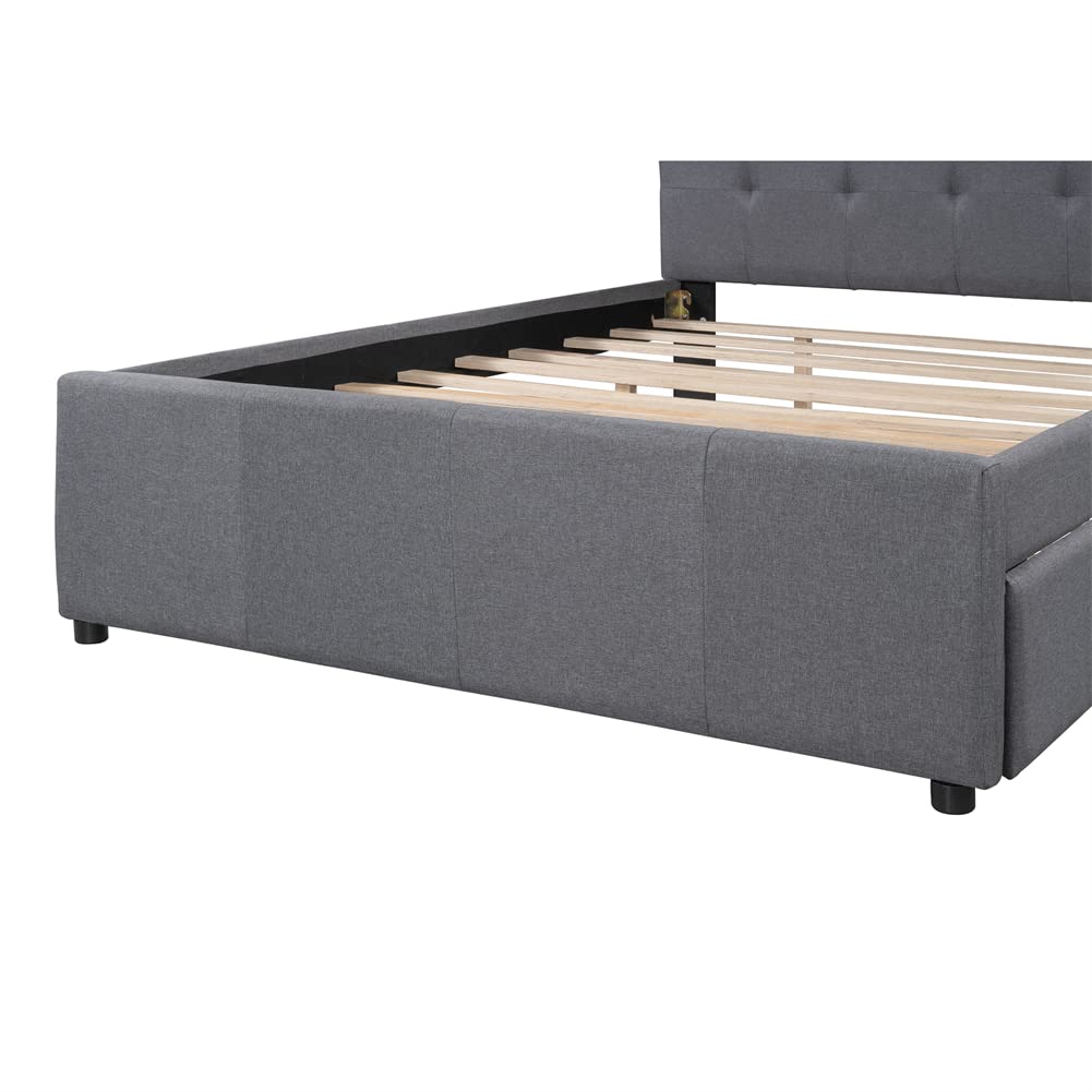 Linen Upholstered Platform Bed Frame with Trundle - Full Size Pine Wood Bed with Button Tufted Headboard, Grey Modern Bedroom Furniture for Small Spaces & Guest Rooms