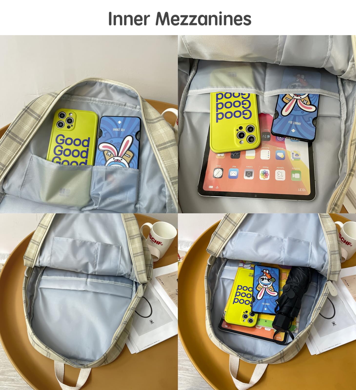 JHTPSLR Light Academia Aesthetic Backpack - Plaid Preppy School Bag for Teen Girls - Vintage Bookbag with Laptop Compartment - Perfect for College, High School & Travel (Light Grey)