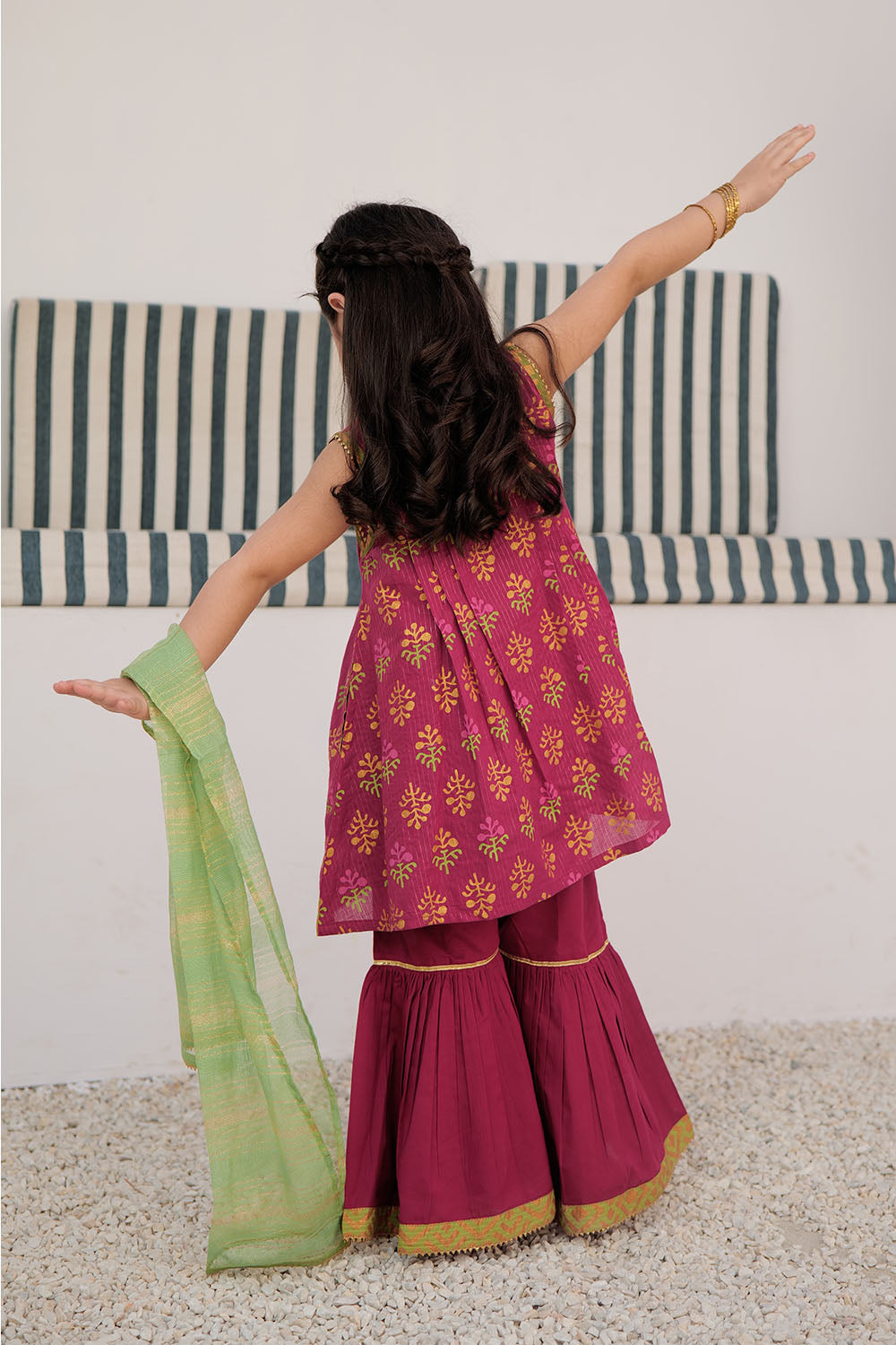 Elegant Cotton Dobby Dye Over Gold Print Magenta Stitched Suit for Senorita | Women's Formal Wear for Parties & Special Occasions