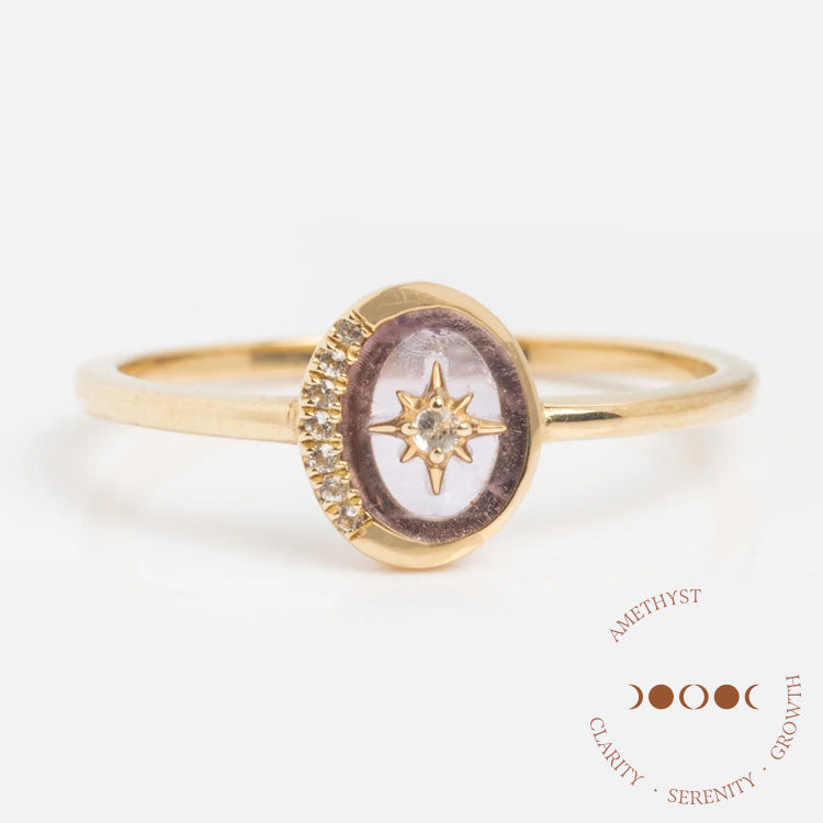 Solid Gold Crystal Crescent Moon Ring for Manifestation & Spiritual Healing - Perfect for Meditation, Yoga, and Gift Giving