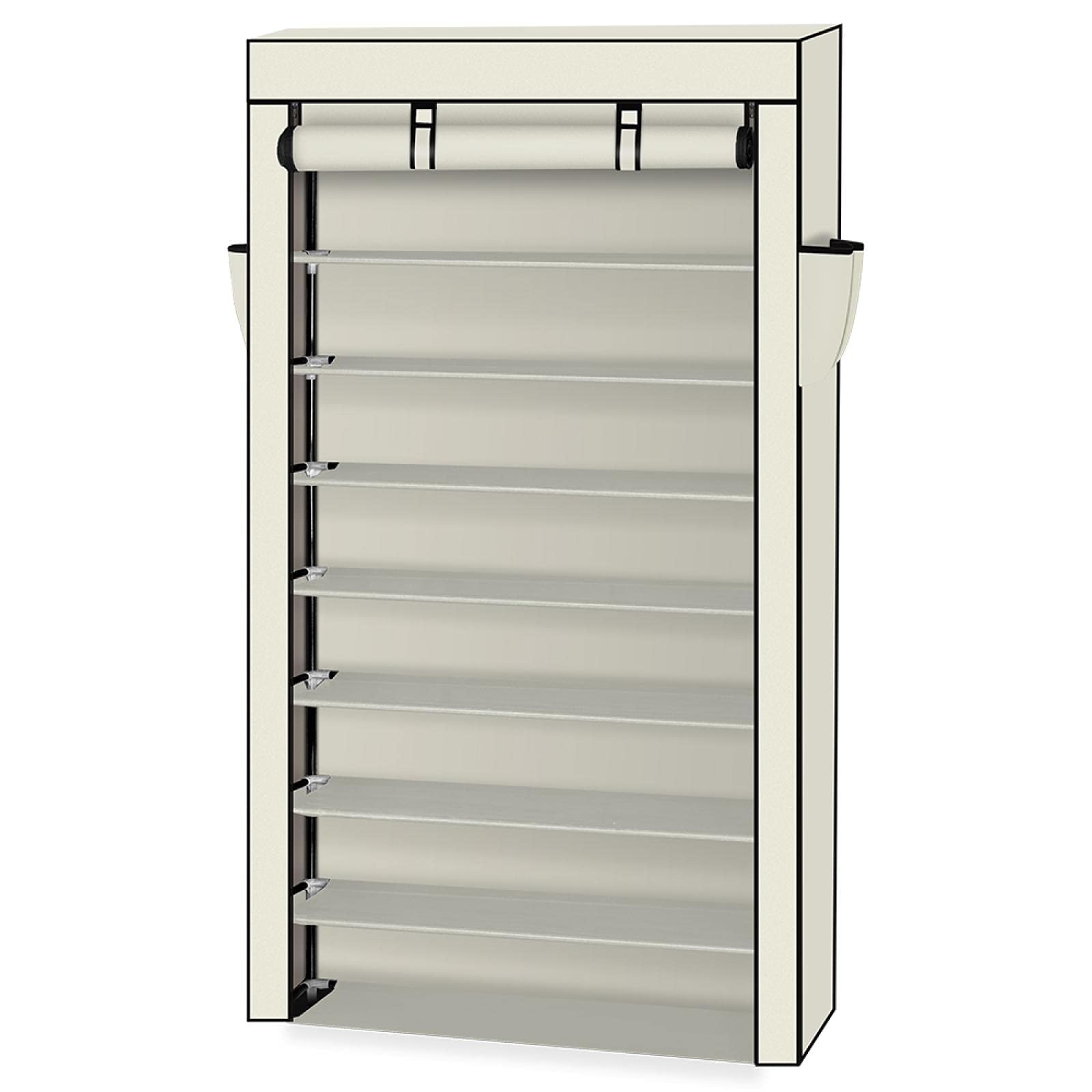 LEADZM 10-Tier Shoe Rack with Dustproof Cover - Space Saving Closet Shoe Storage Cabinet Organizer for Sneakers, Boots & Heels - Beige Shoe Shelf for Bedroom, Entryway & Walk-in Closet