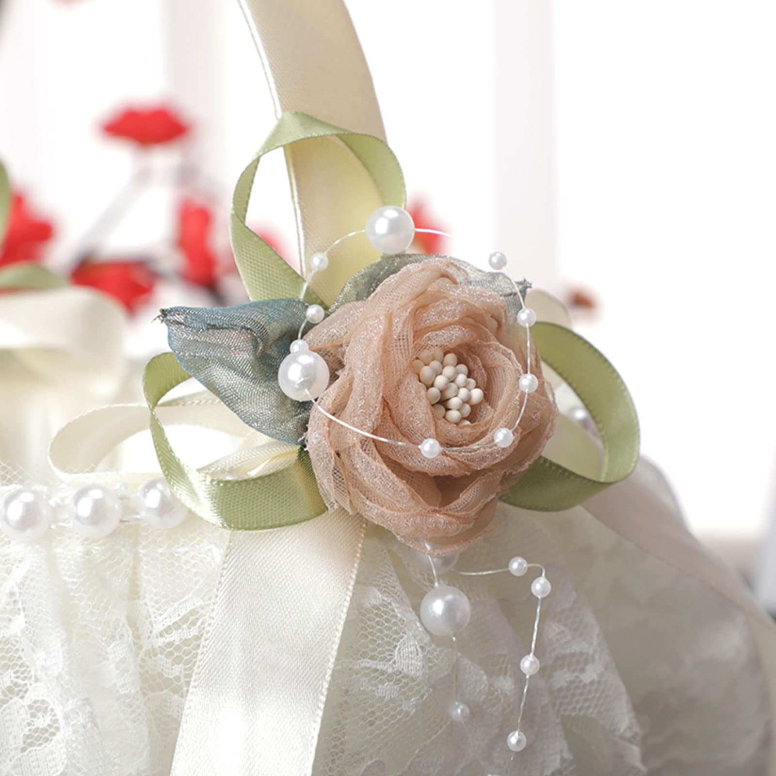 MSUIINT 2-Piece Ivory Wedding Flower Girl Basket Set with Handle - Elegant Lace Bow & Pearl Decorated Silk Cloth Basket for Bridal Ceremonies, Flower Girl Processions & Wedding Party Decorations