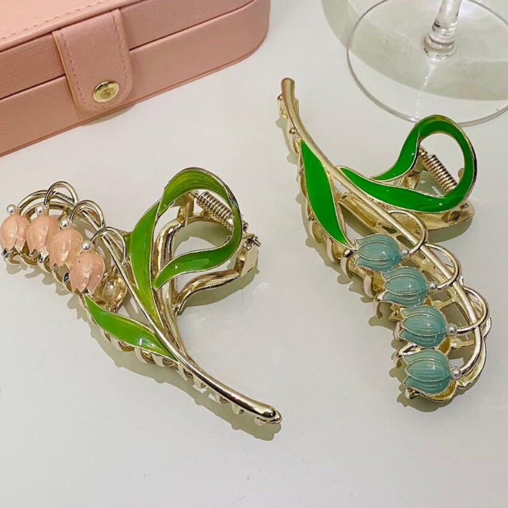 RSJ TRADERS - 2PCS Tulip Hair Claw Clips for Women, Fairy Flower Hair Clips, Large Metal Hair Clips for Ponytail, Trendy Hair Accessories for Women & Girls (Pink, Blue) - Perfect for Parties, Weddings & Daily Styling
